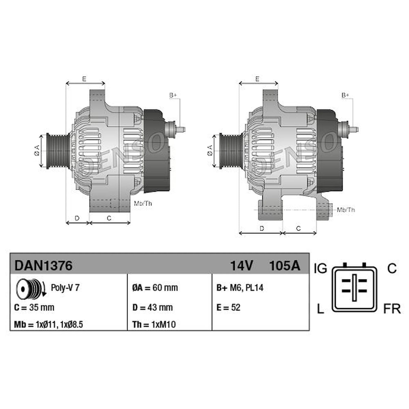 Denso Car Alternator 12V DAN1376