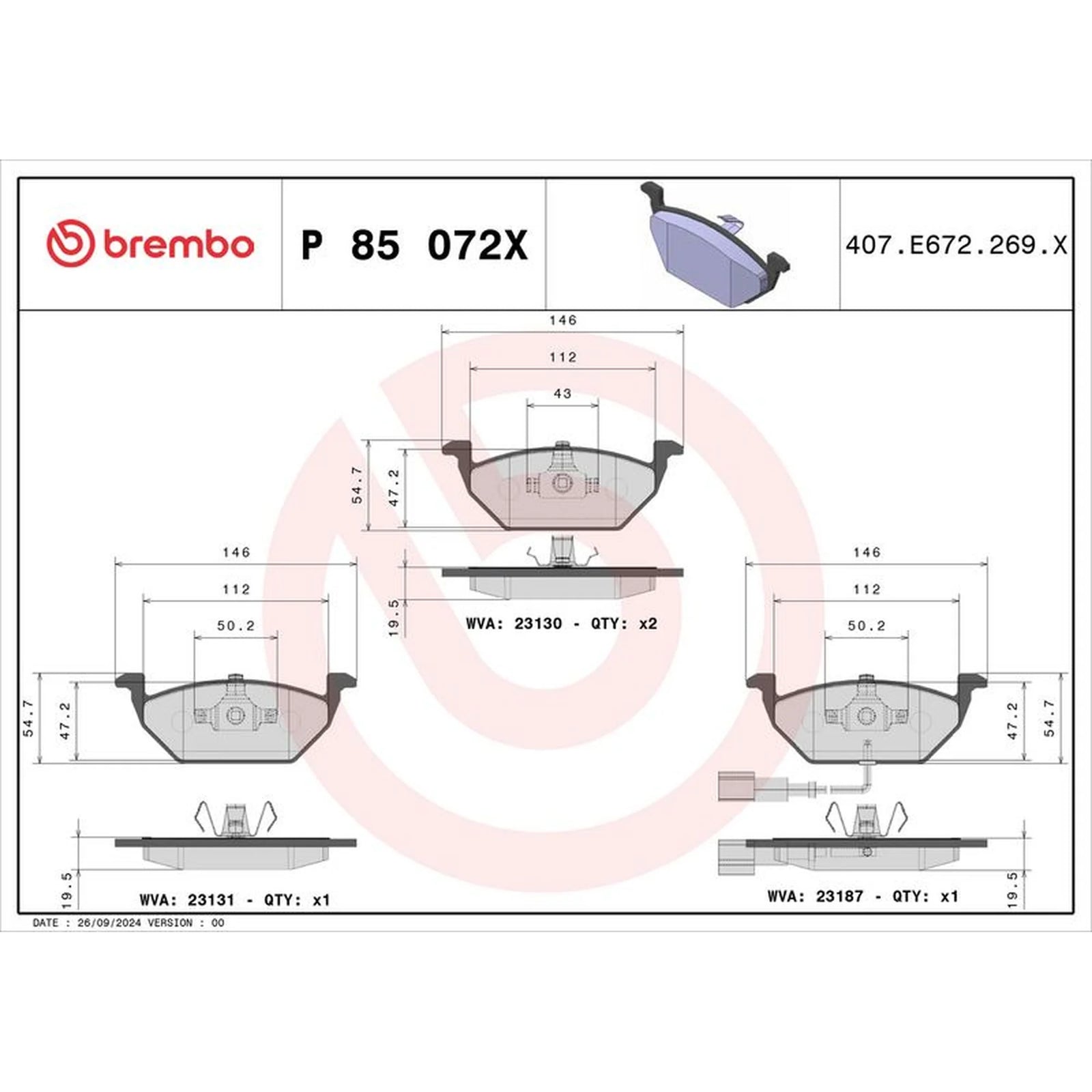 Brembo 4 x Front Brake Pad Set P85072X