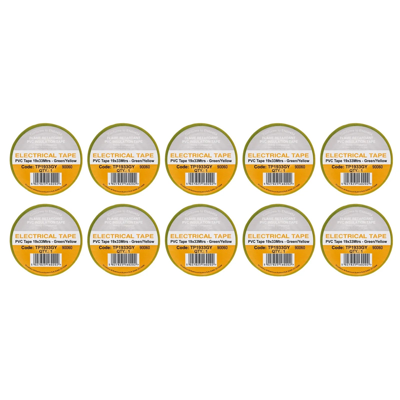Non-Branded Green/Yellow PVC Electrical Insulation Tape, 19mm x 33m (Pack of 10)