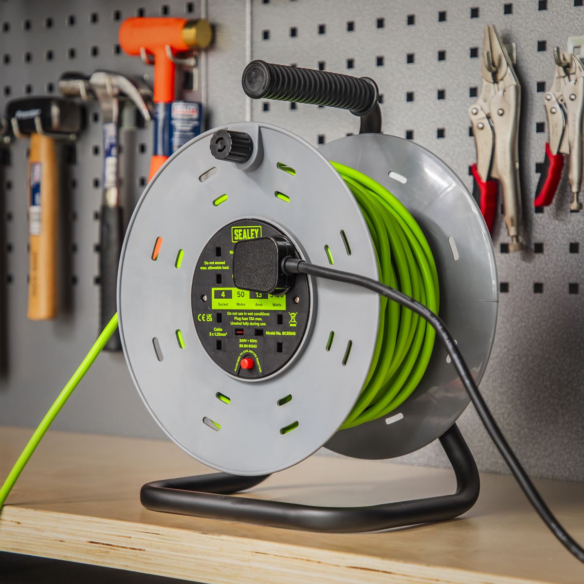 Sealey 50m Cable Reel with Thermal Trip 4 x 230V - Hi-Vis Green BCR50G