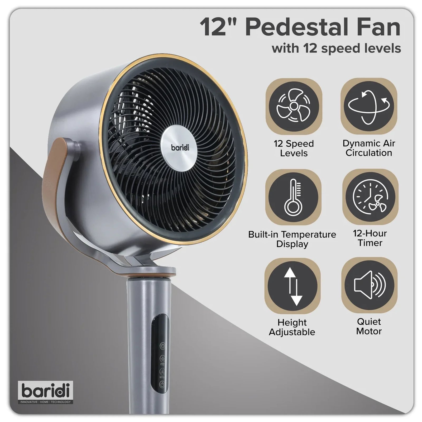 Baridi Pedestal Fan DH264 12" with Remote & Timer - Grey