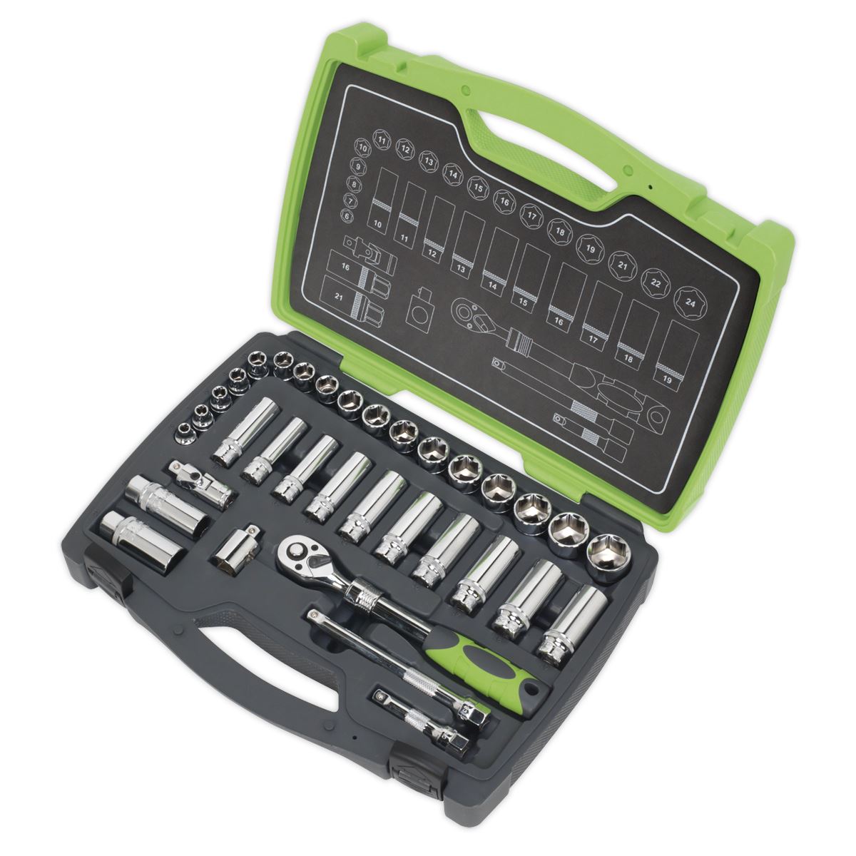 Sealey Socket Set 34pc 3/8"Sq Drive 6pt WallDrive® Metric