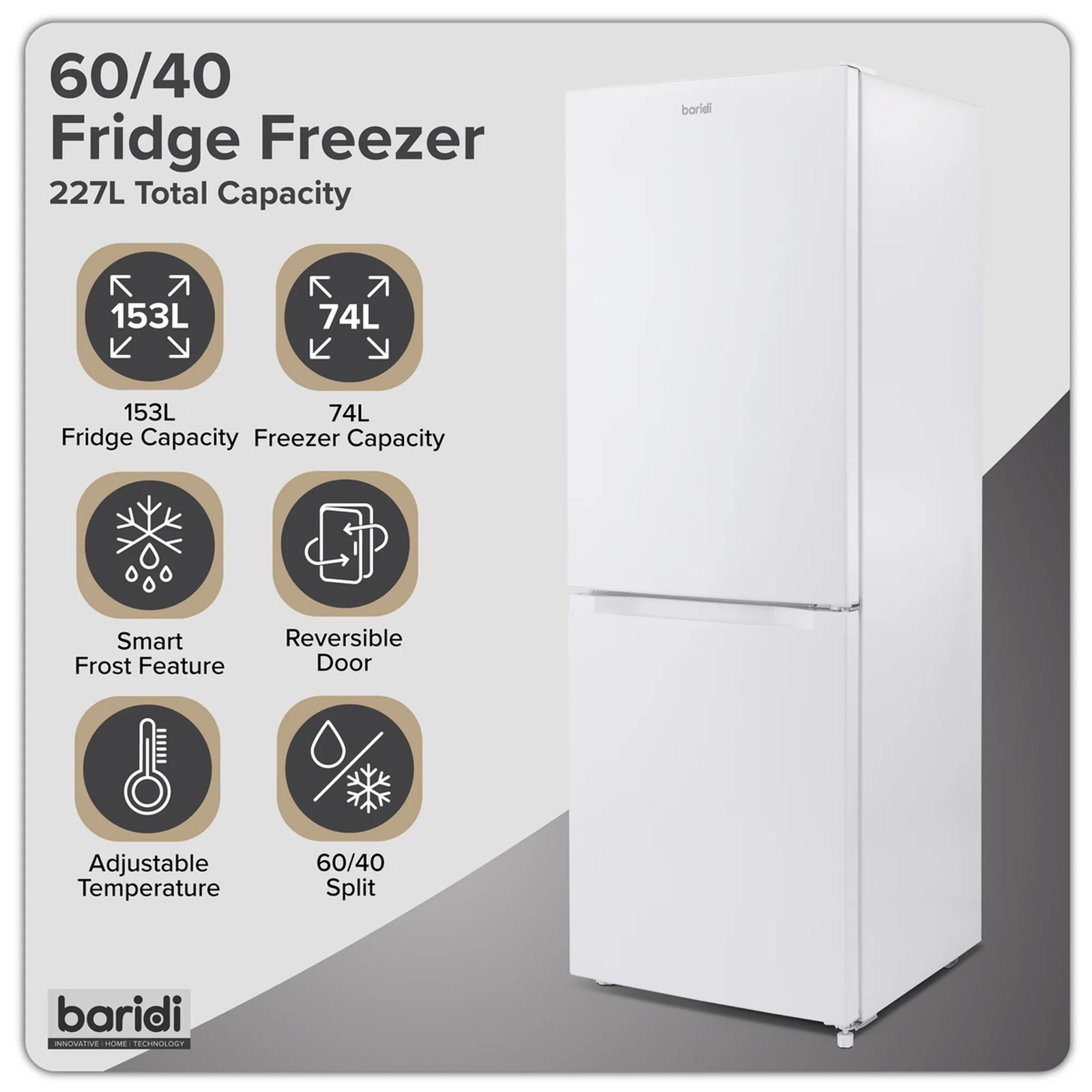 Baridi 60/40 Smart Frost Fridge Freezer 227L Capacity - White