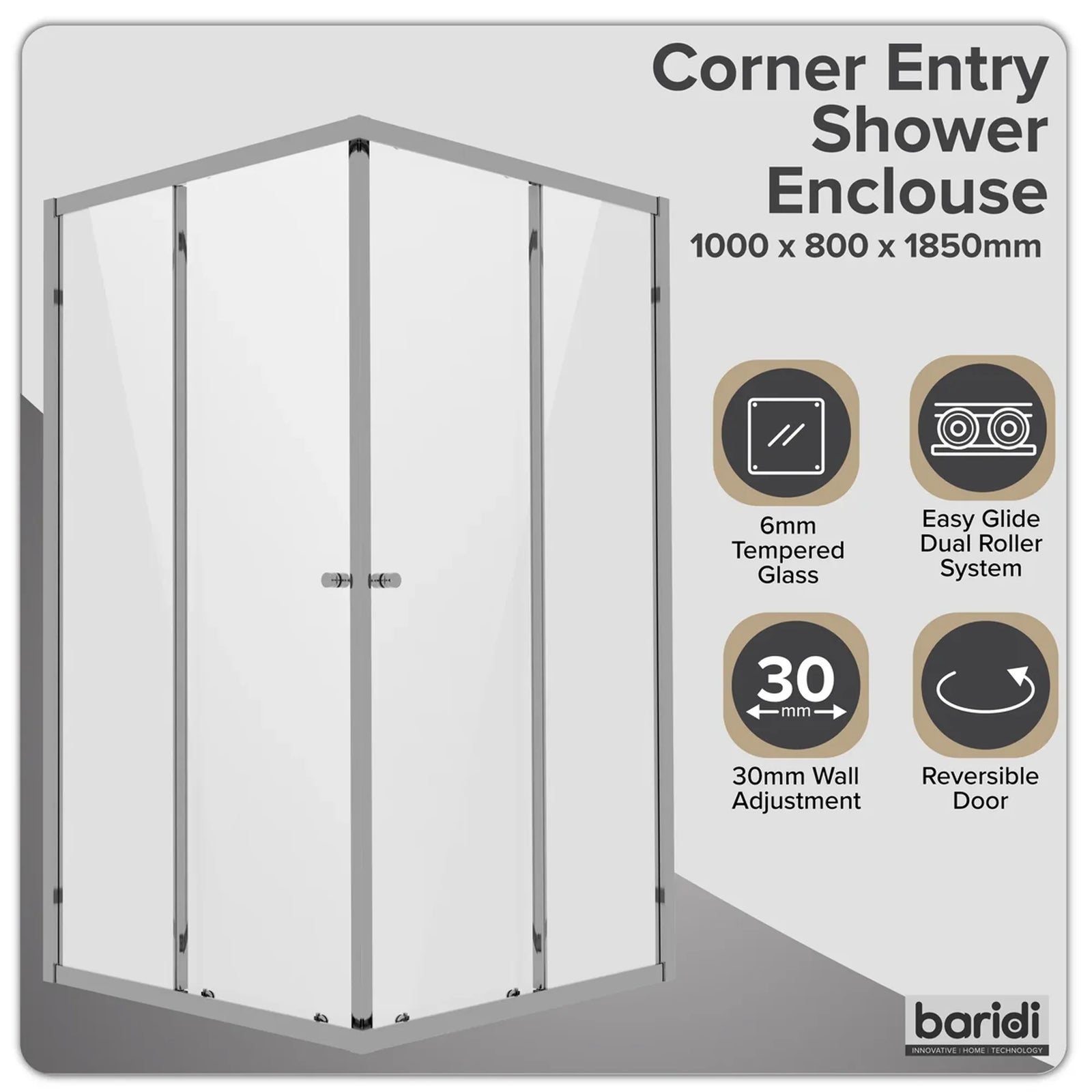 Baridi Corner Shower Entry Enclosure 1000 x 800mm - Chrome