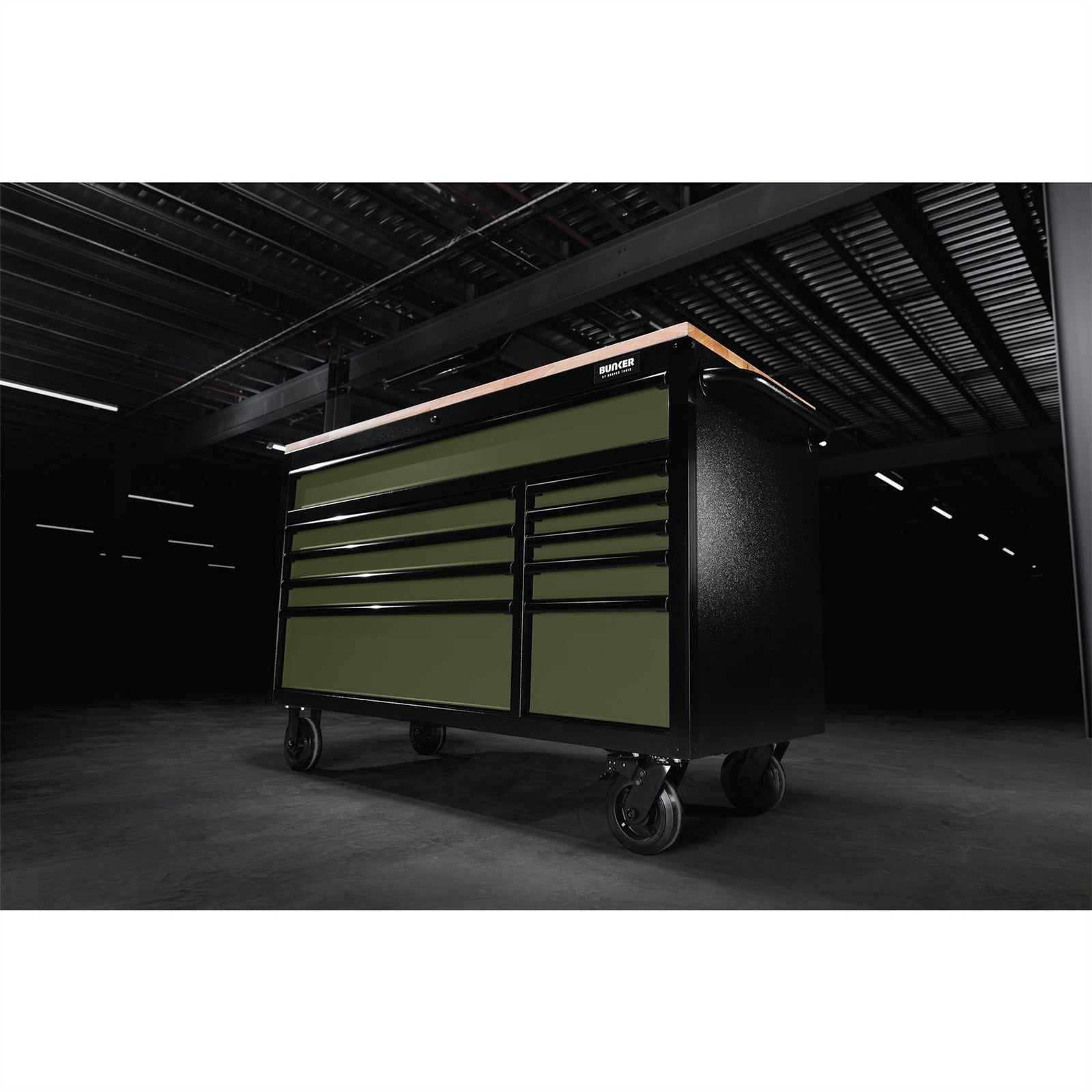 Draper BUNKER Workbench Roller Tool Cabinet, 10 Drawer, 56", Green 08236