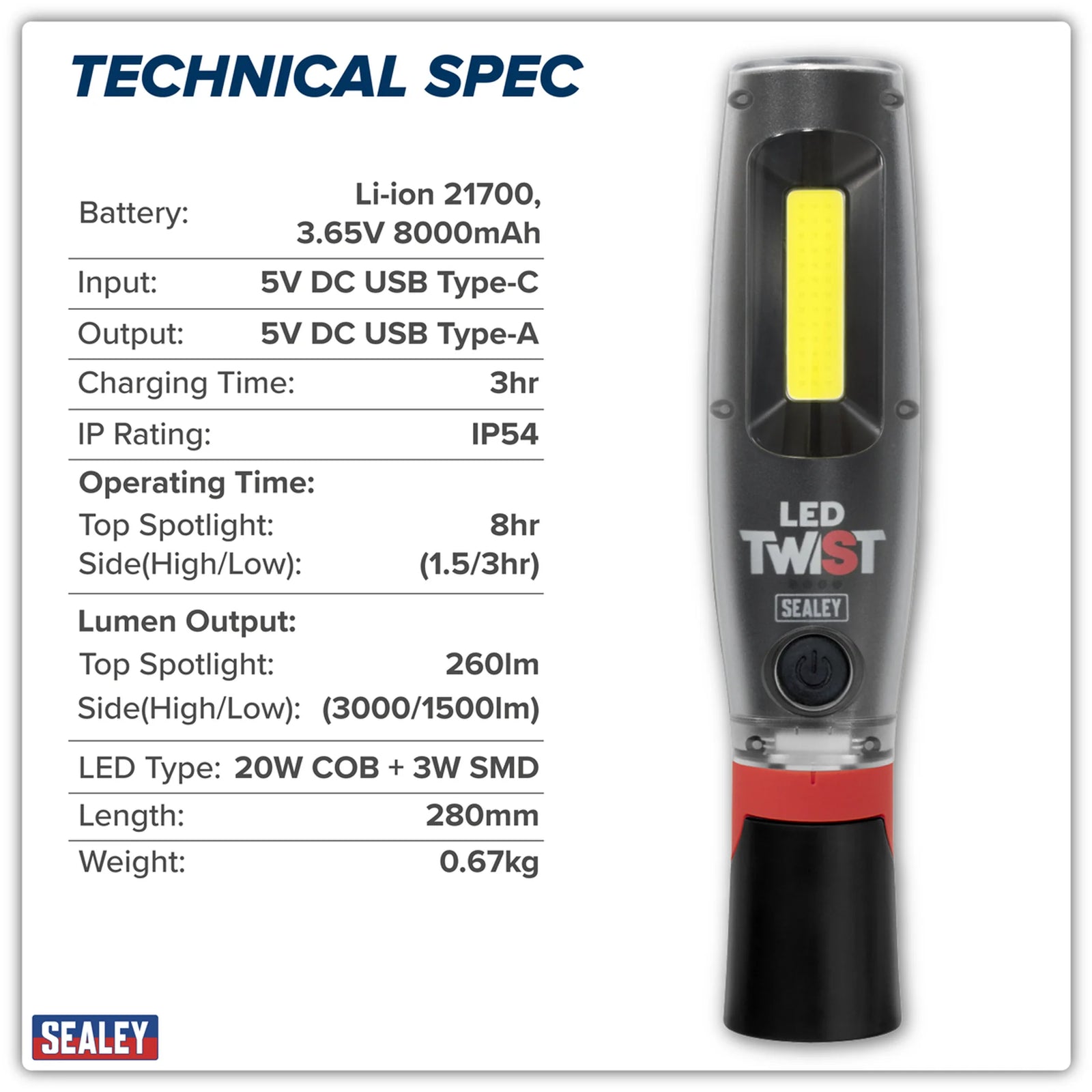 Sealey Rechargeable LED Inspection Light 20W COB 3000lm