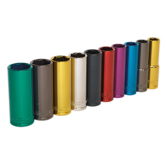 Sealey Premier 10pc 1/2" Drive Multi Coloured Deep Hex Socket Set 13-24mm