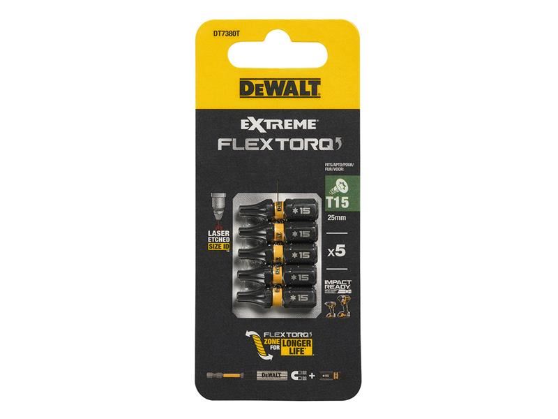DeWALT Power Tools EXTREME FlexTORQ Bits T15 x 25mm (Pack 5)