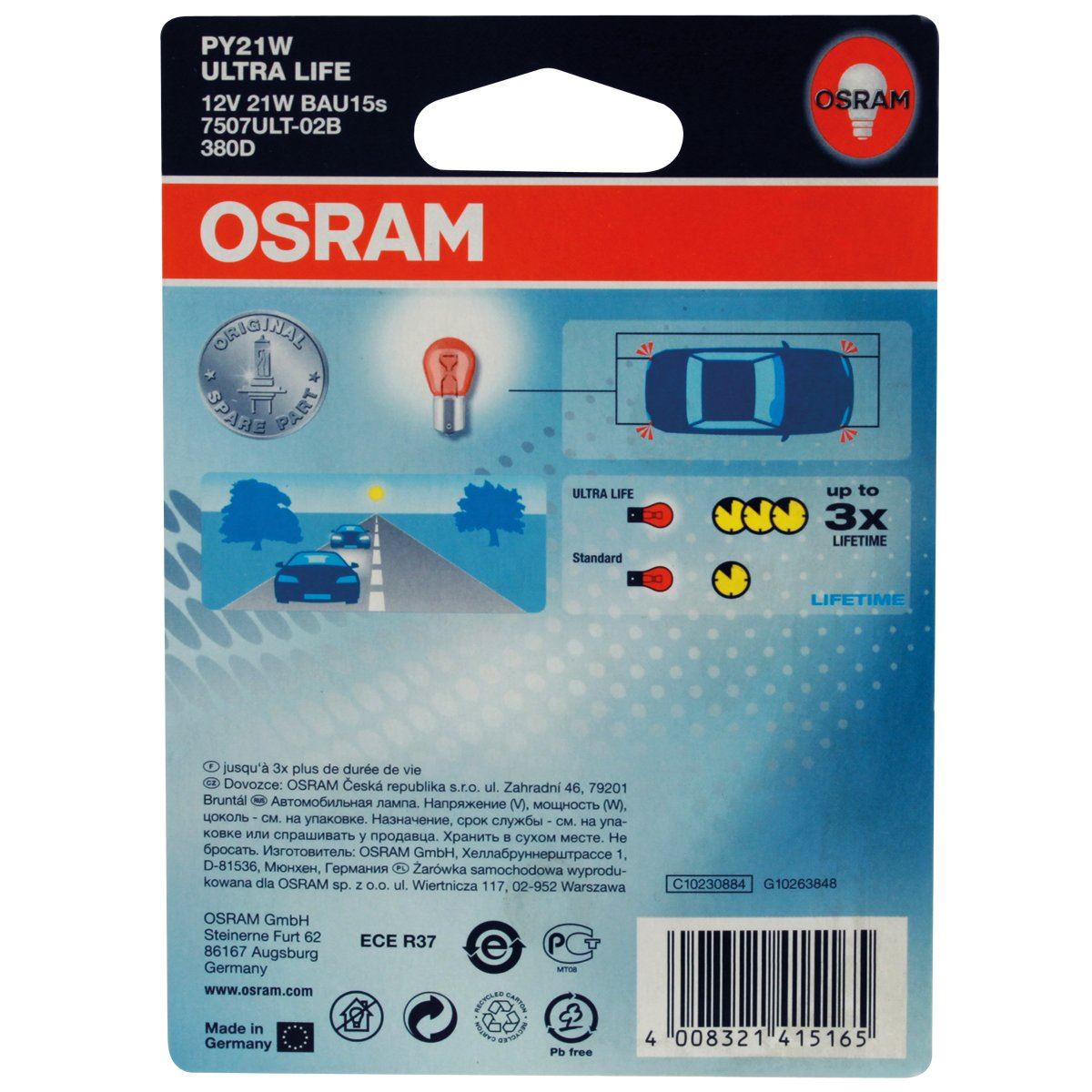 Osram ULTRA LIFE PY21W halogen signal lamp, turn indicator light, 7507ULT-02B, 1