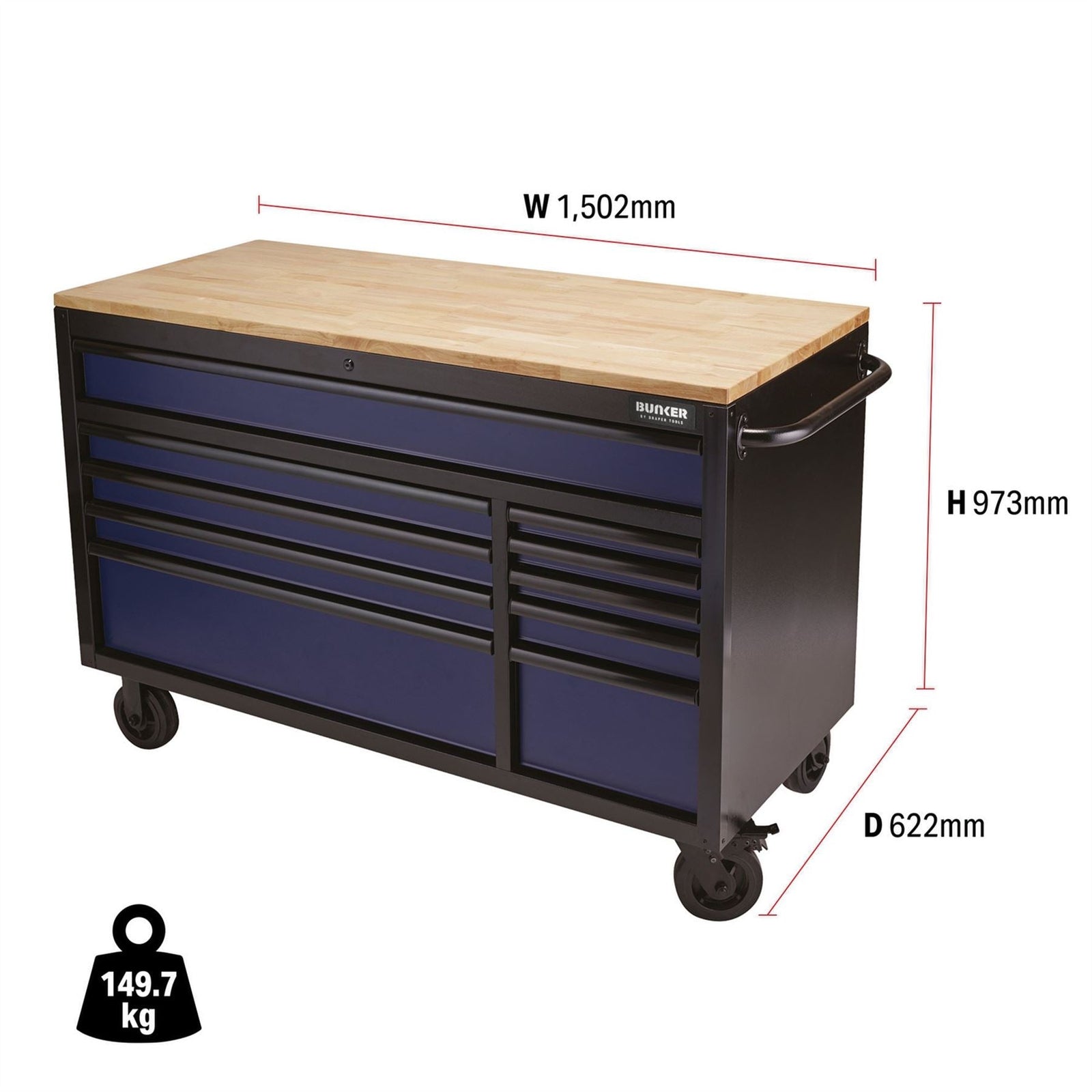 Draper BUNKER Workbench Roller Tool Cabinet, 10 Drawer, 56", Blue 08237