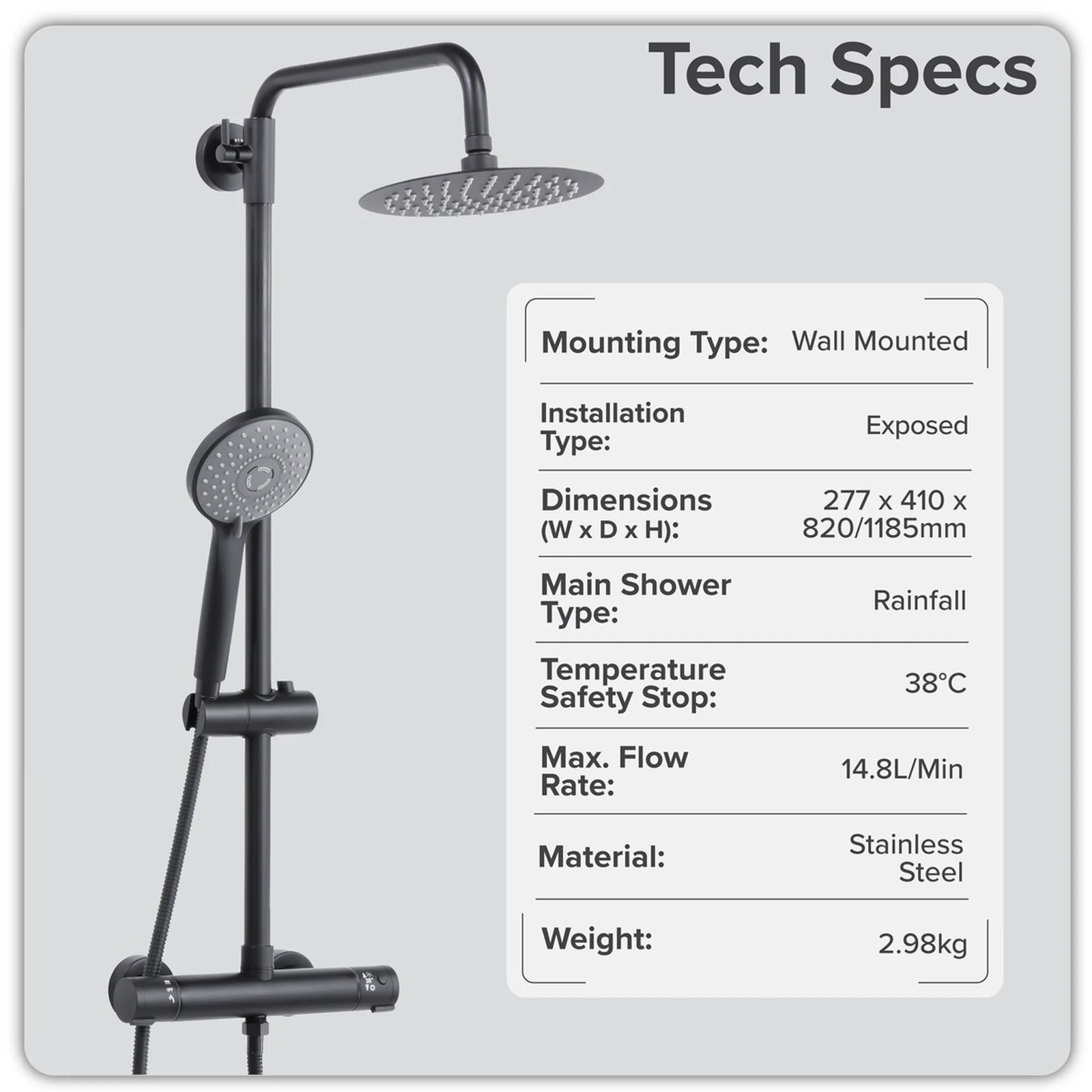 Baridi Thermostatic Shower Mixer Set 20cm Round Head Adjustable Rail