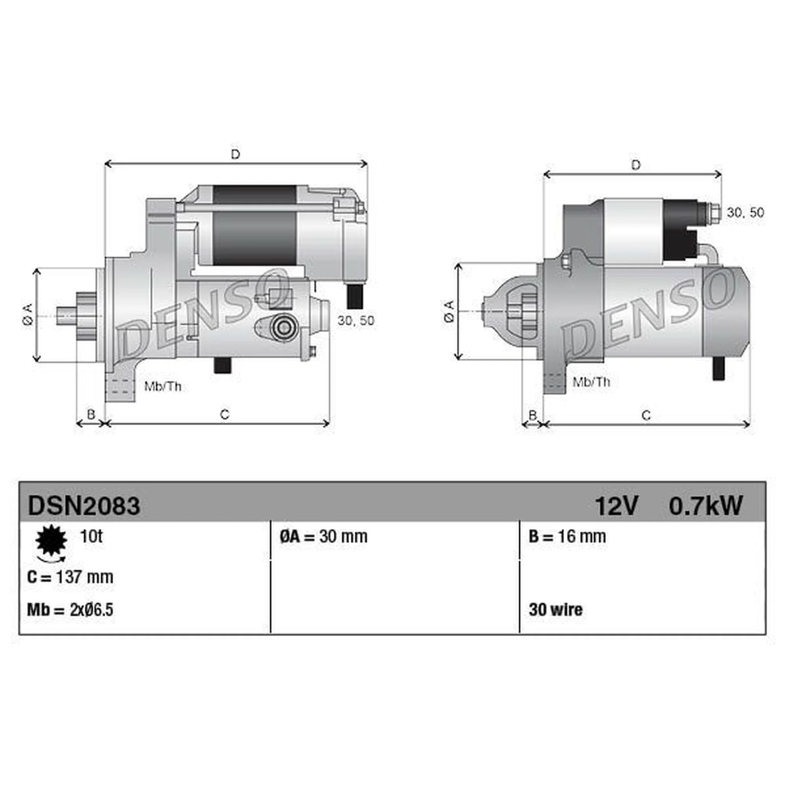 Denso Starter Motor 12V 0.7kW 10 Teeth DSN2083