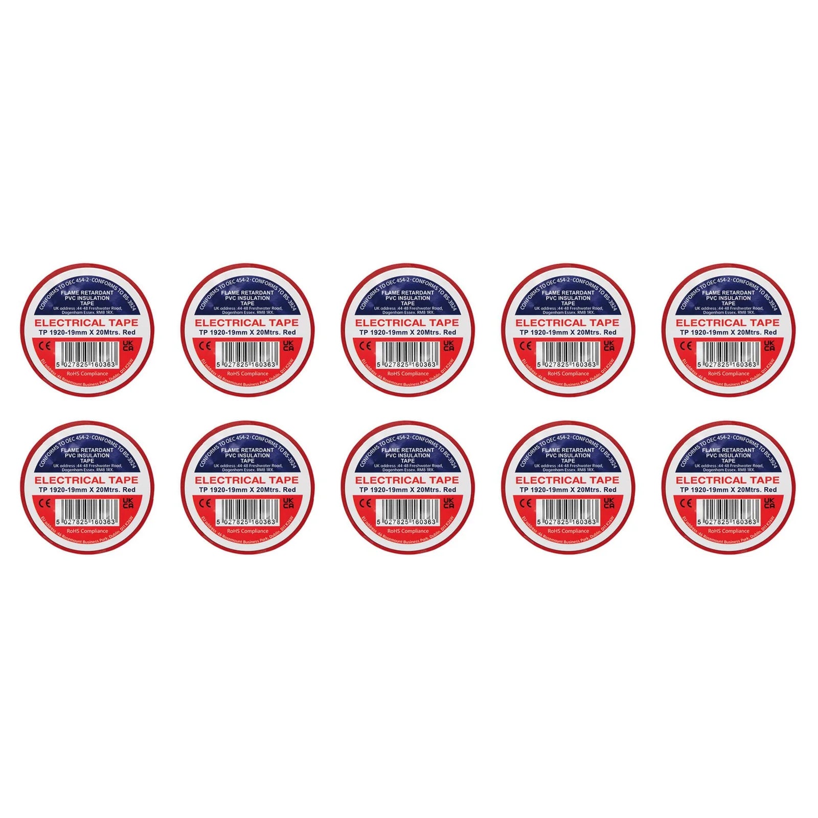 Non-Branded Red PVC Electrical Insulation Tape, 19mm x 20m (Pack of 10)