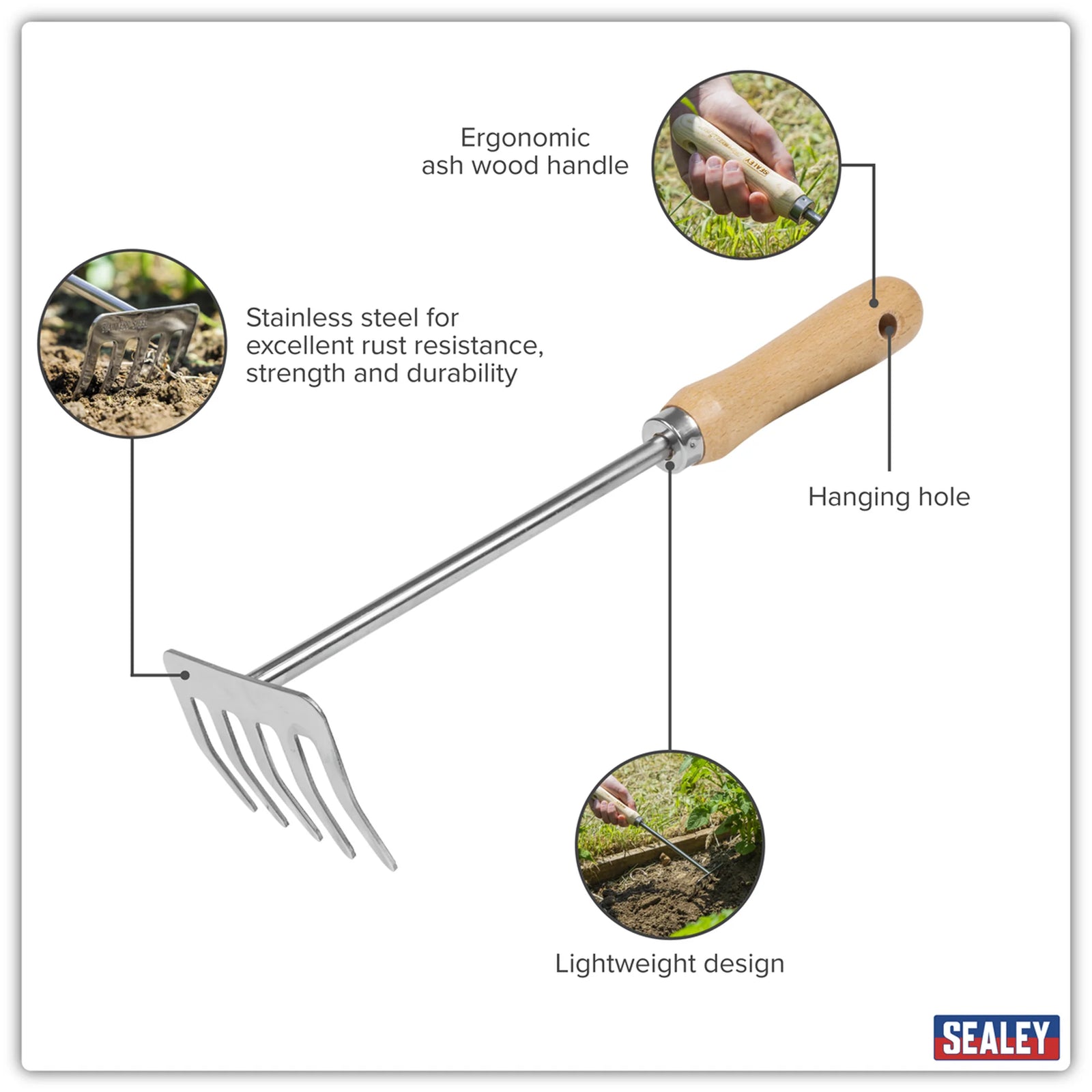 Sealey Premier Garden Hand Rake GTWH020 135mm Ash Handle