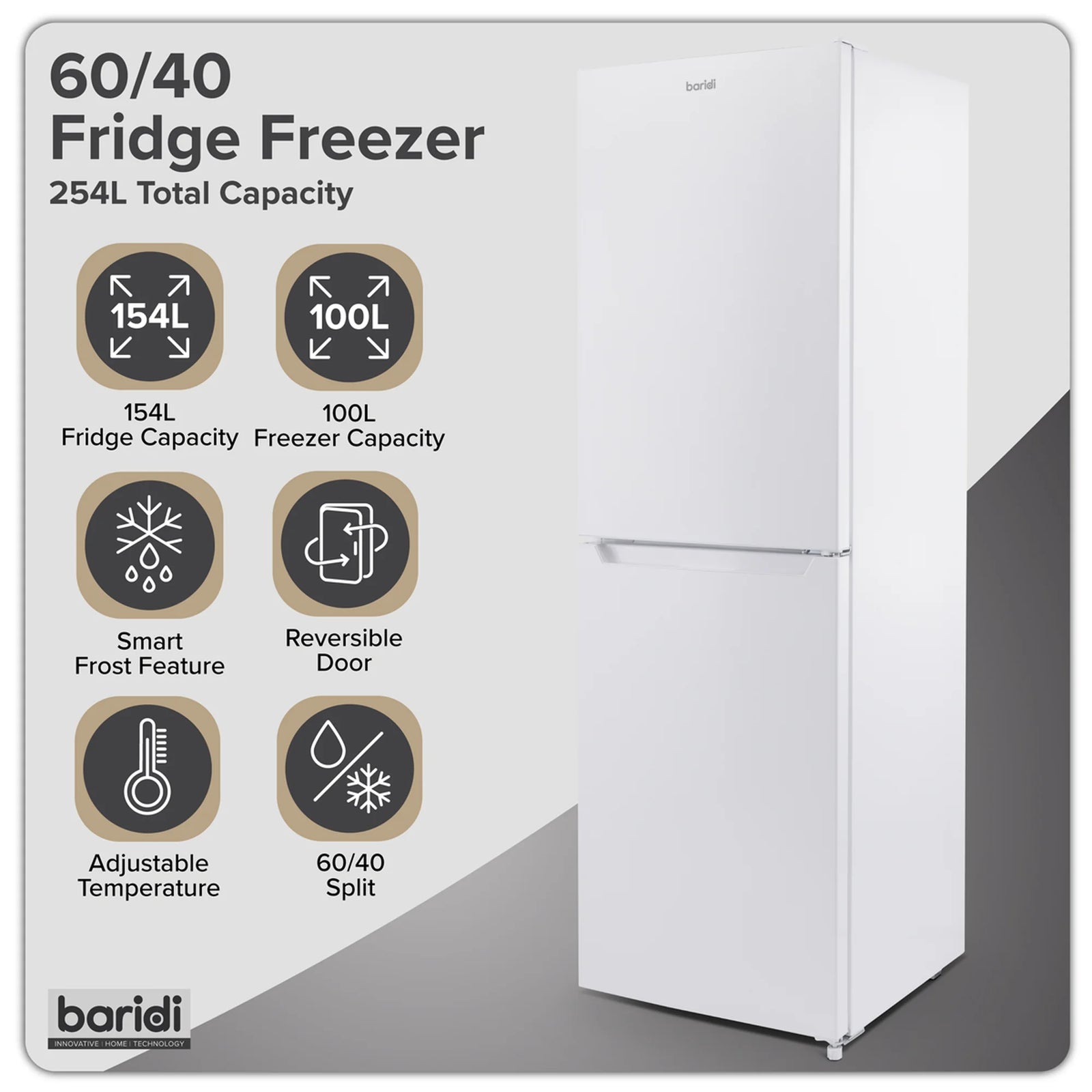 Baridi 50/50 Smart Frost Fridge Freezer 254L Capacity - White