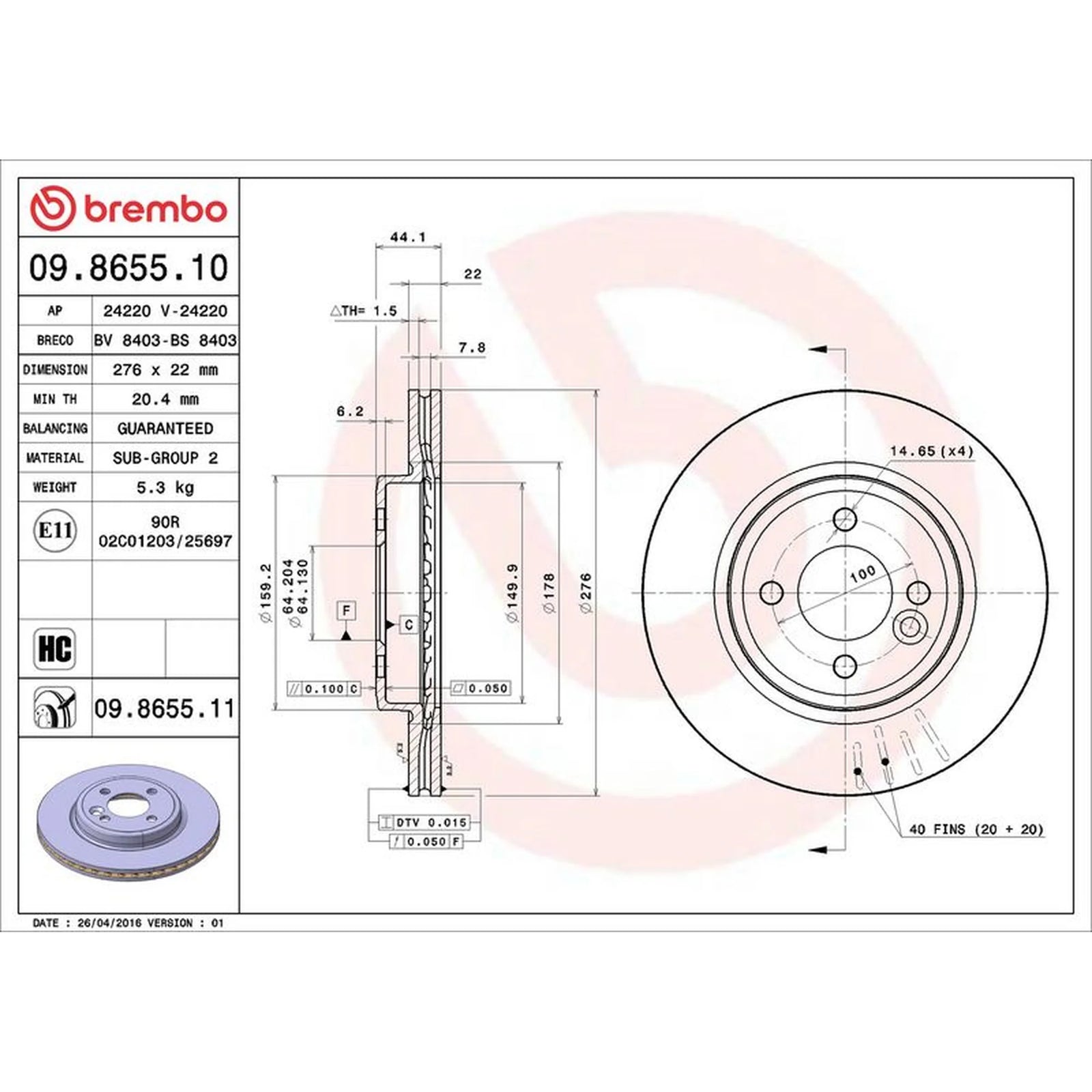 Brembo 2 x Internally Vented Brake Discs fits Mini Mini 2001-2008