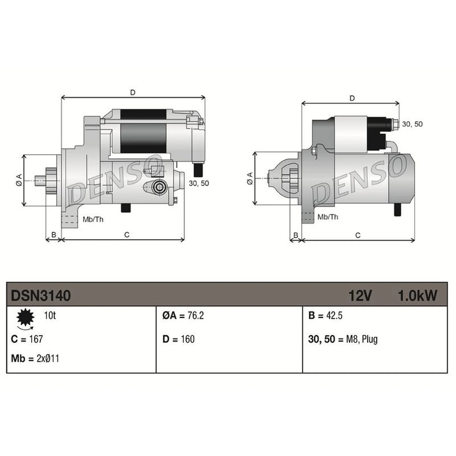 Denso Starter Motor 12V 1kW 10 Teeth DSN3140