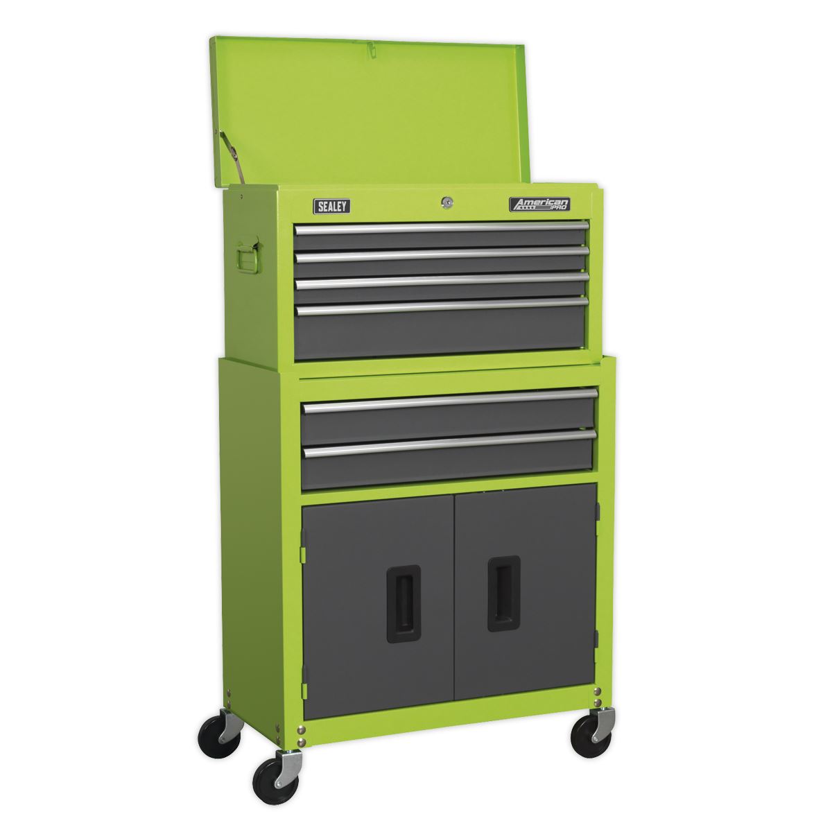 Sealey Topchest Mid-Box & Rollcab 9 Drawer Stack Hi-Vis Green AP2200BBHVSTACK