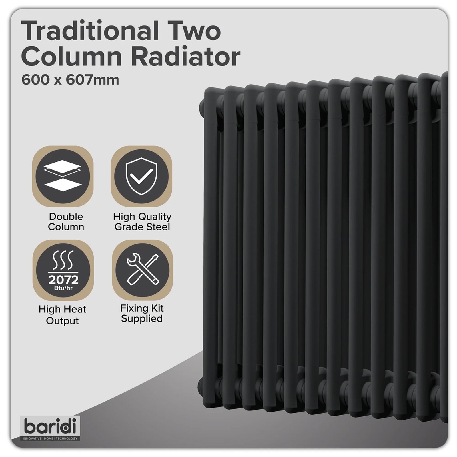 Baridi Horizontal Radiator DH362 600 x 607mm Black