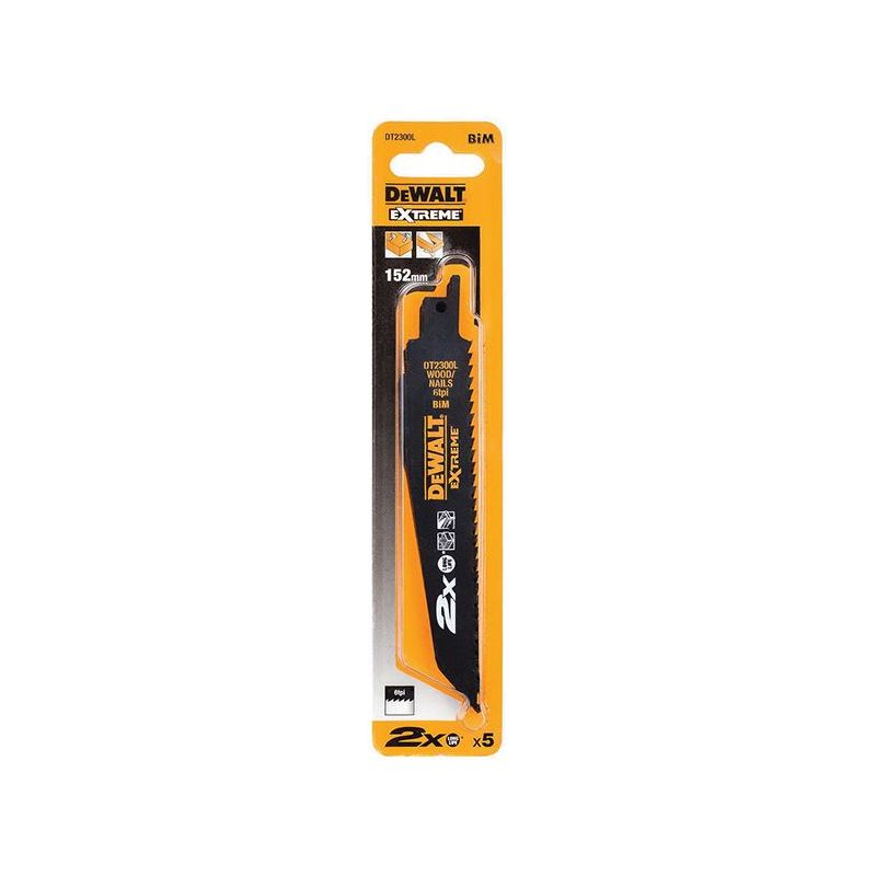 Dewalt Power Tools 2X Life Wood & Nail Reciprocating Blade 152mm x 6 TPI Pack of 5