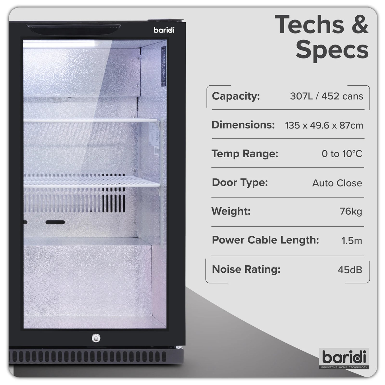 Baridi Back Bar Drinks Fridge Cooler DH336 307L Black