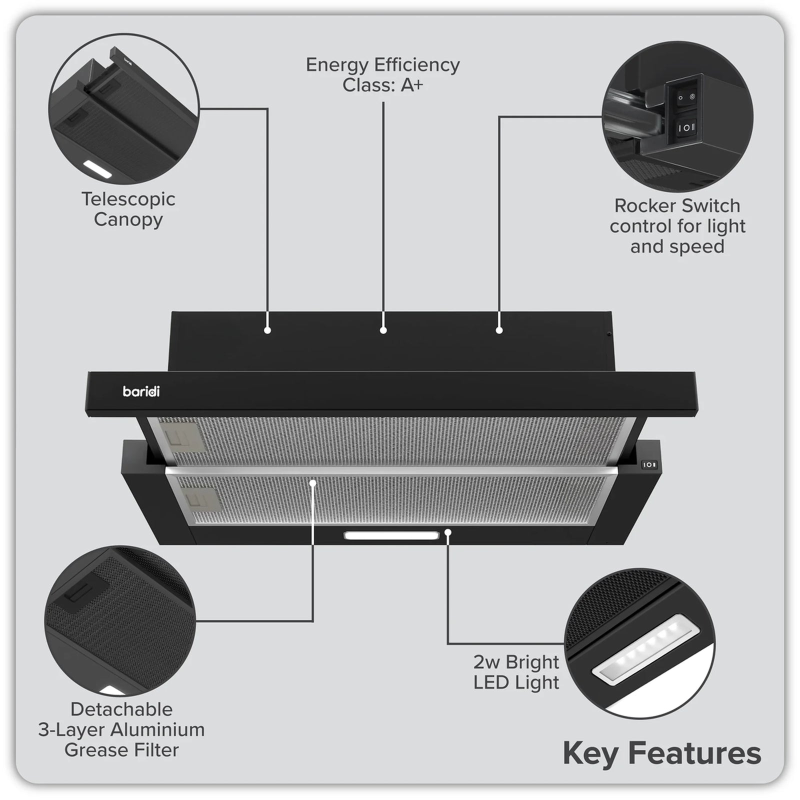 Baridi Wall Mounted Cooker Hood 60cm - 33W Power
