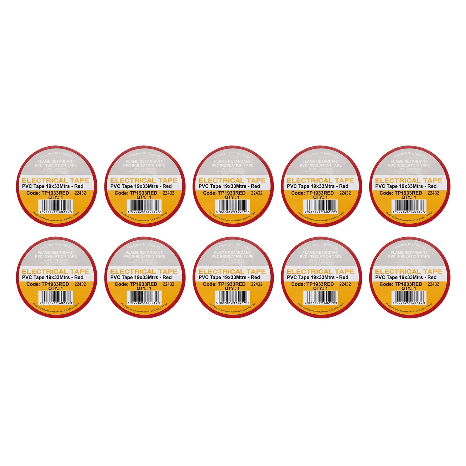 Non-Branded Red PVC Electrical Insulation Tape, 19mm x 33m (Pack of 10)