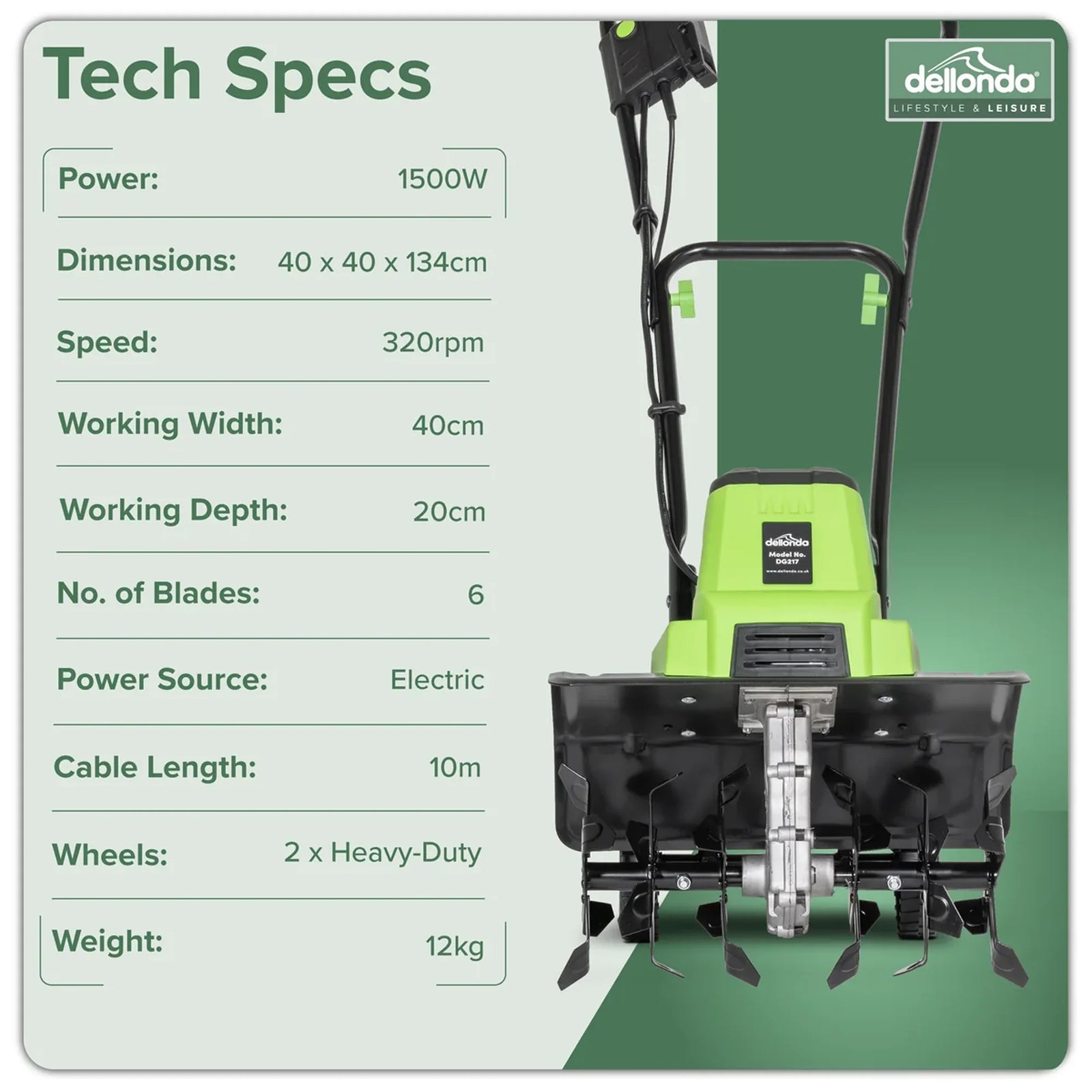 Dellonda Electric Tiller DG217 1500W 40cm Cutting Width