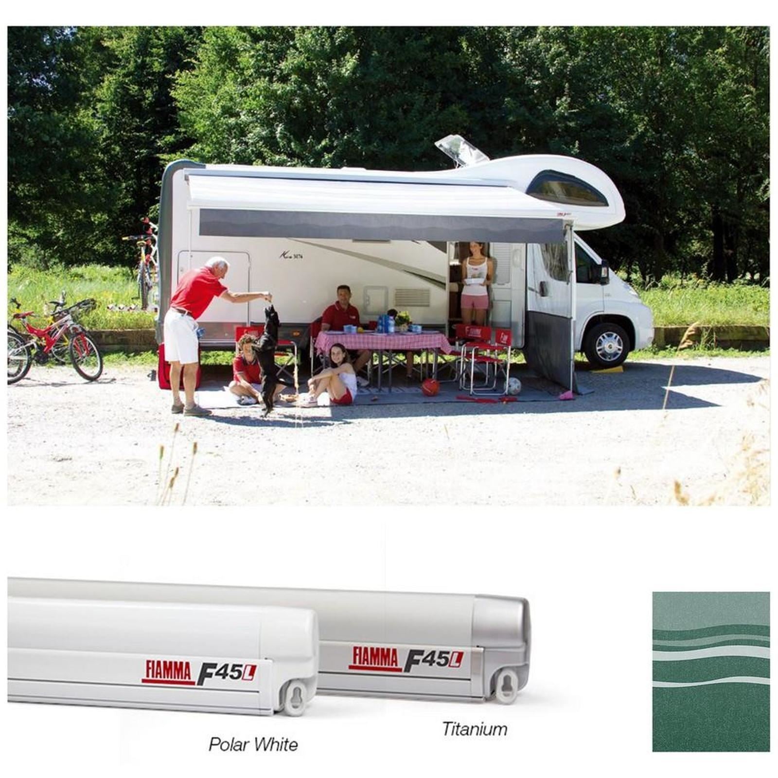 Fiamma Polar White F45L 500 Awning Evergreen Fabric (06530A01E) Winch Handle Wall Mounted
