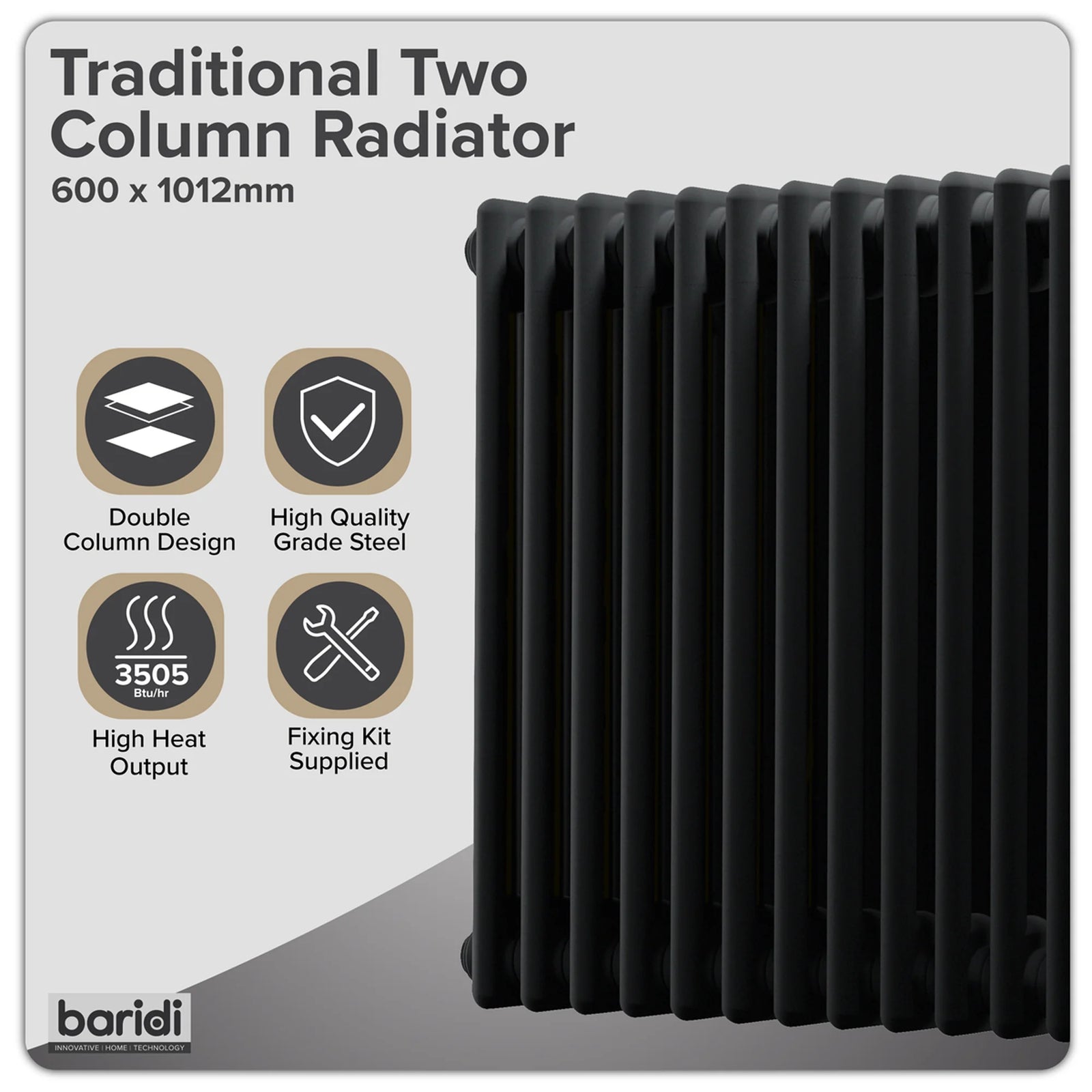 Baridi Horizontal Radiator DH364 600 x 1012mm Black