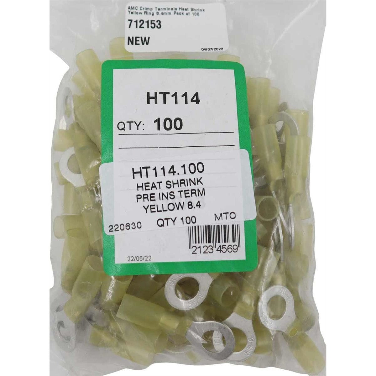 AMC Yellow Heat Shrink Ring Terminal (8.4mm ID / 100 Pack)