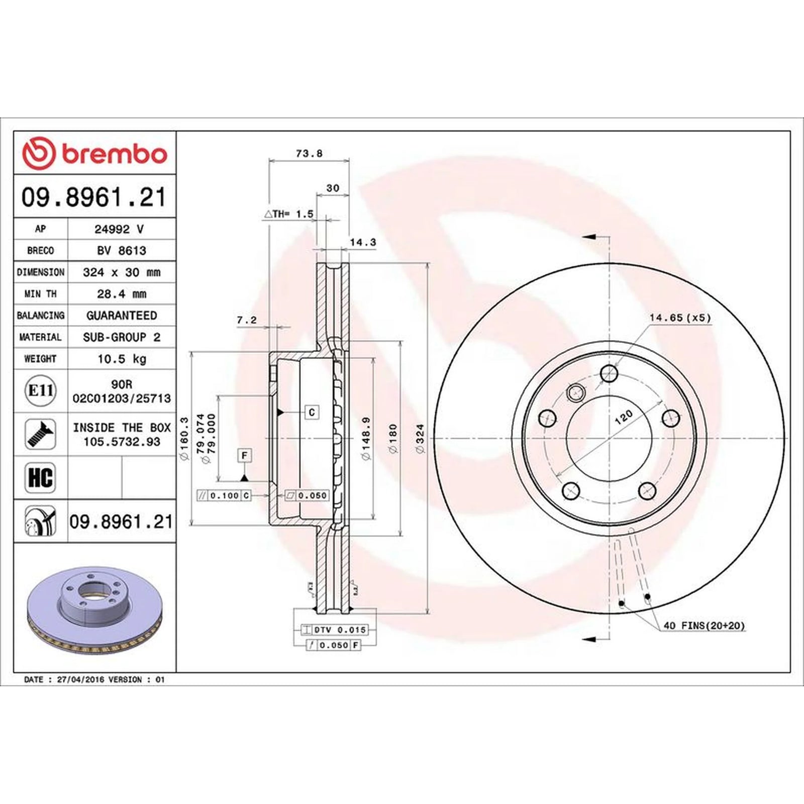 Brembo 2 x Internally Vented Front Brake Discs 09.8961.21
