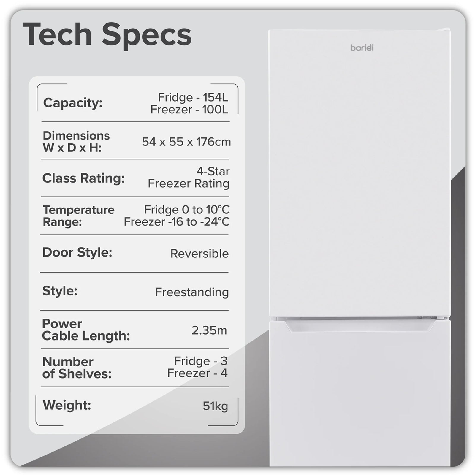Baridi 50/50 Smart Frost Fridge Freezer 254L Capacity - White