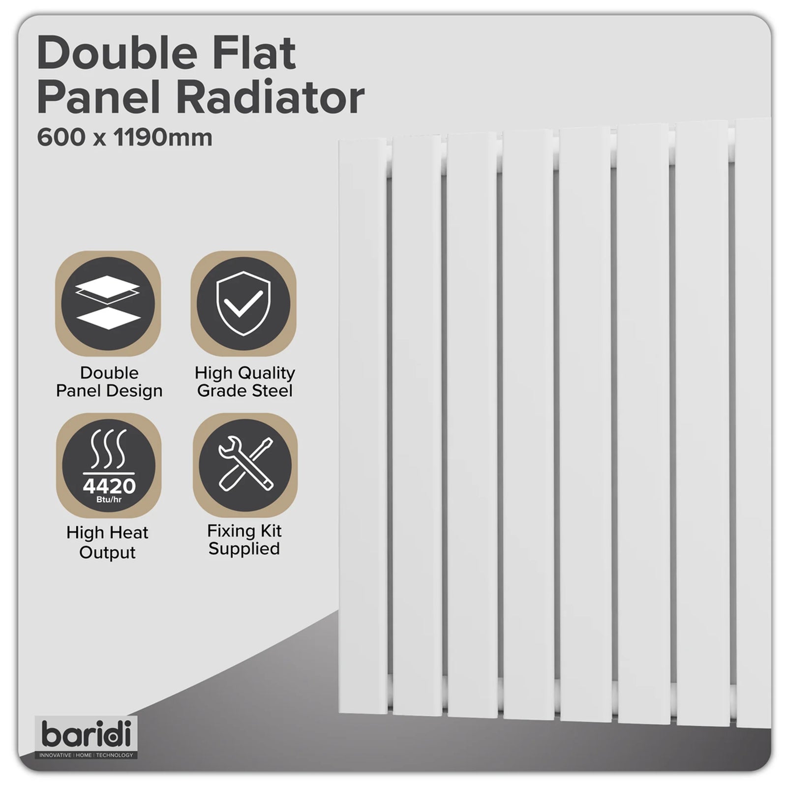 Baridi Horizontal Radiator 600x1190mm Double Flat Panel 1685W