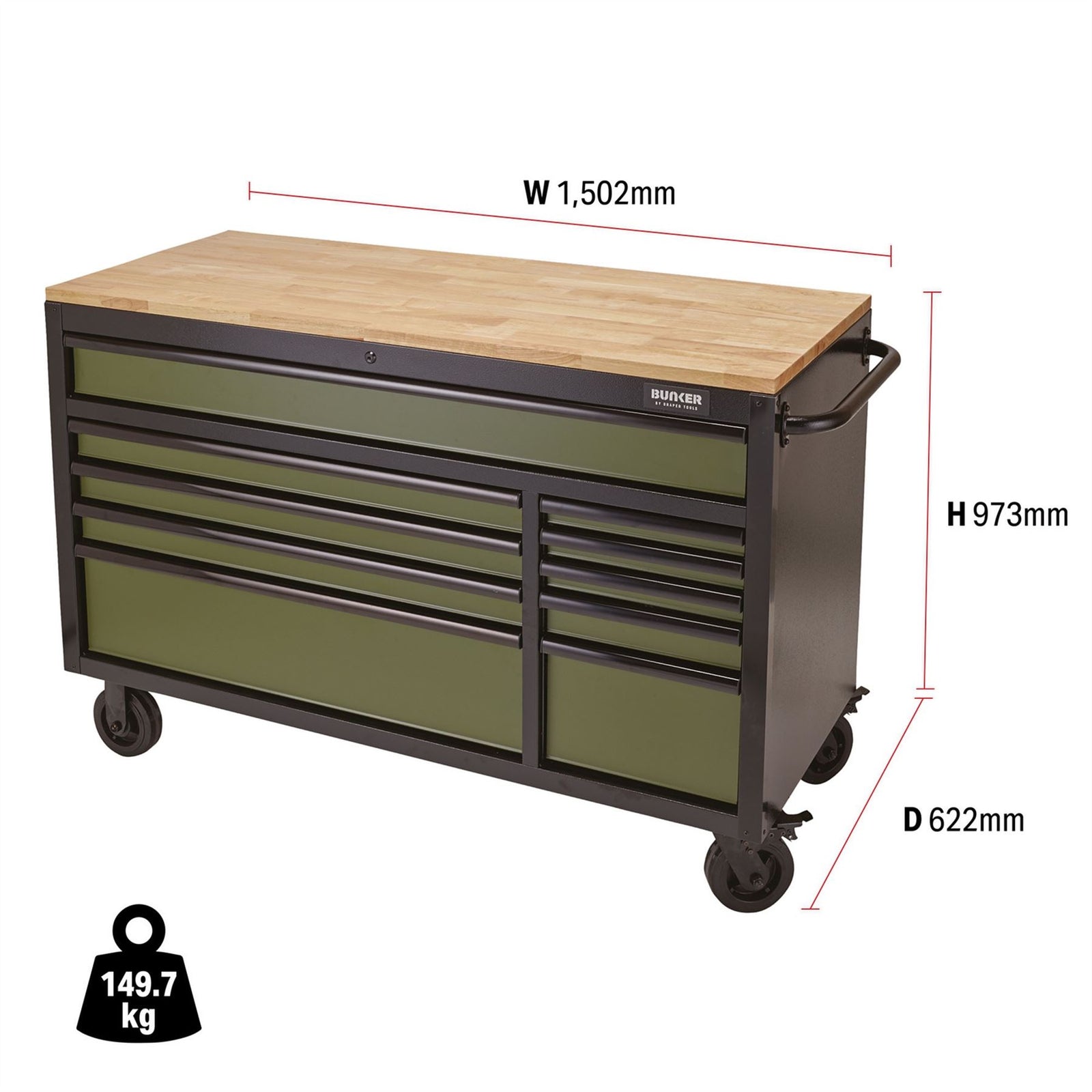 Draper BUNKER Workbench Roller Tool Cabinet, 10 Drawer, 56", Green 08236