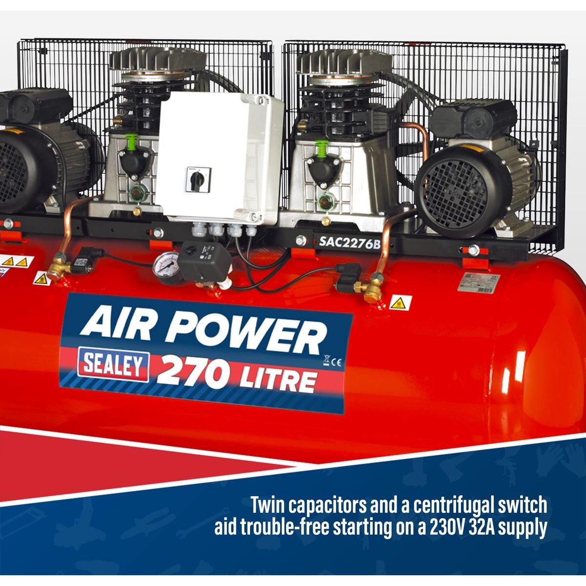 Sealey 270L Belt Drive Air Compressor with Cast Cylinders 2 x 3hp SAC2276B
