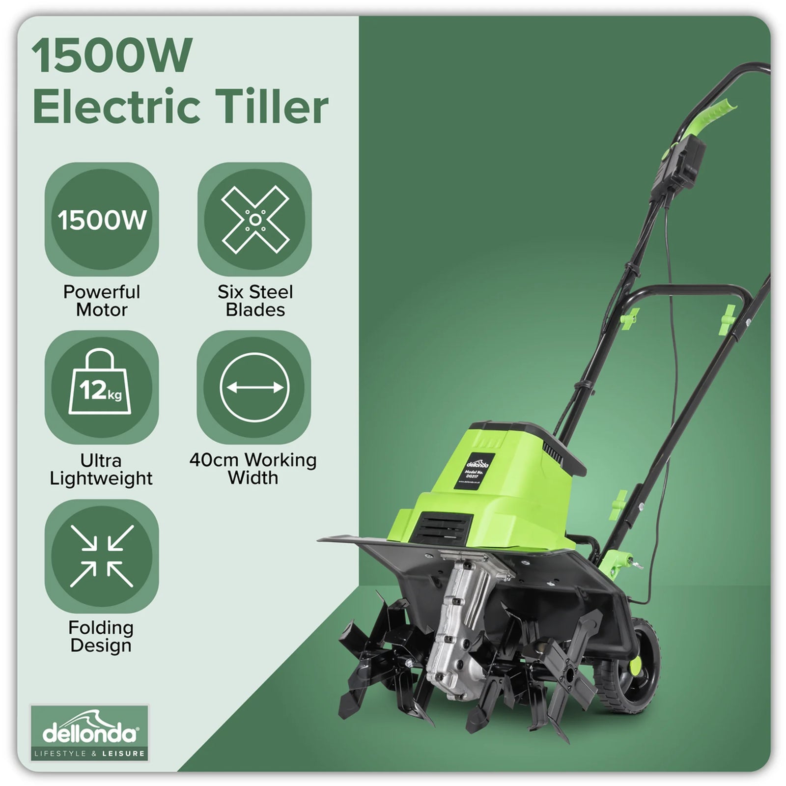 Dellonda Electric Tiller DG217 1500W 40cm Cutting Width