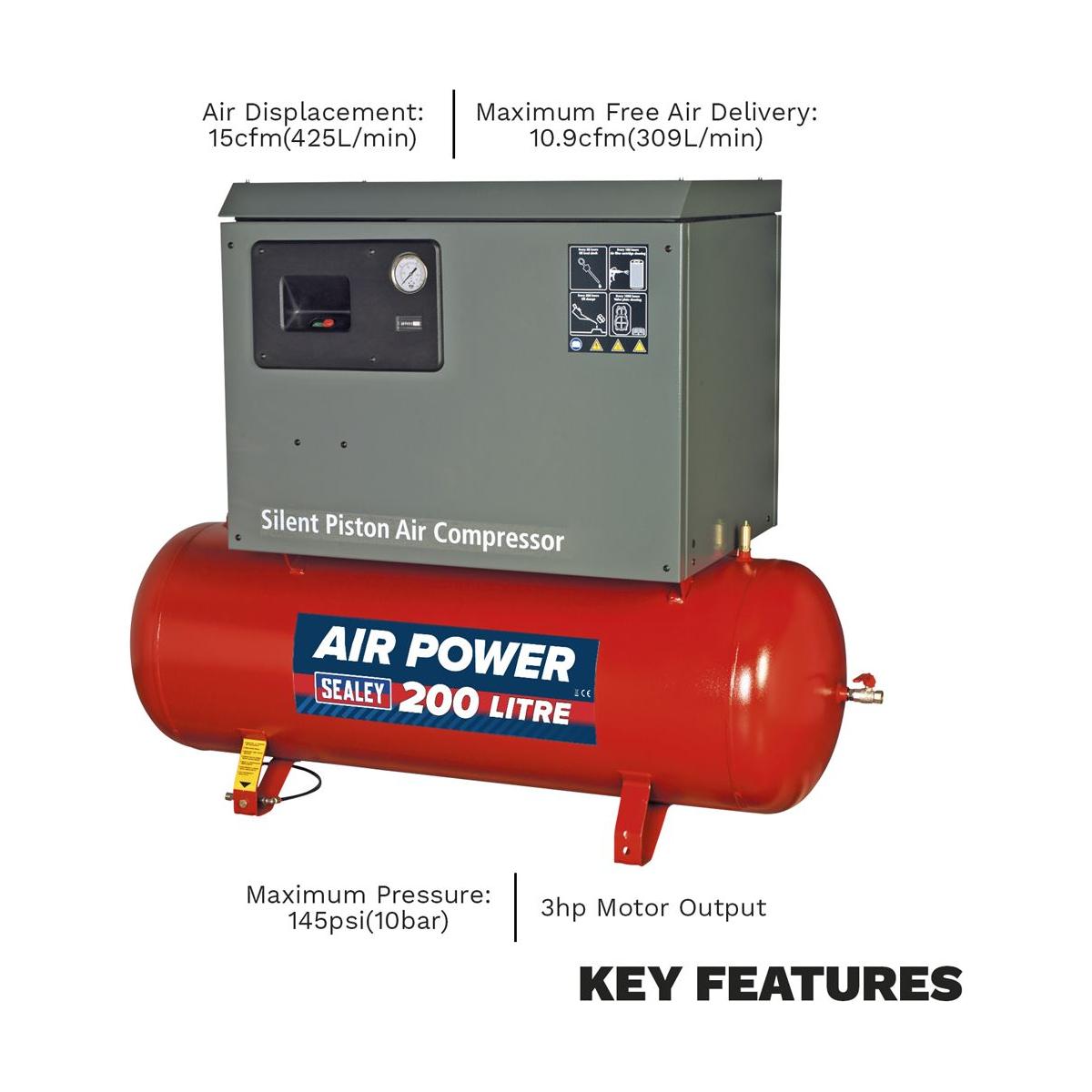 Sealey 200L Low Noise Belt Drive Air Compressor with Cast Cylinders 3hp