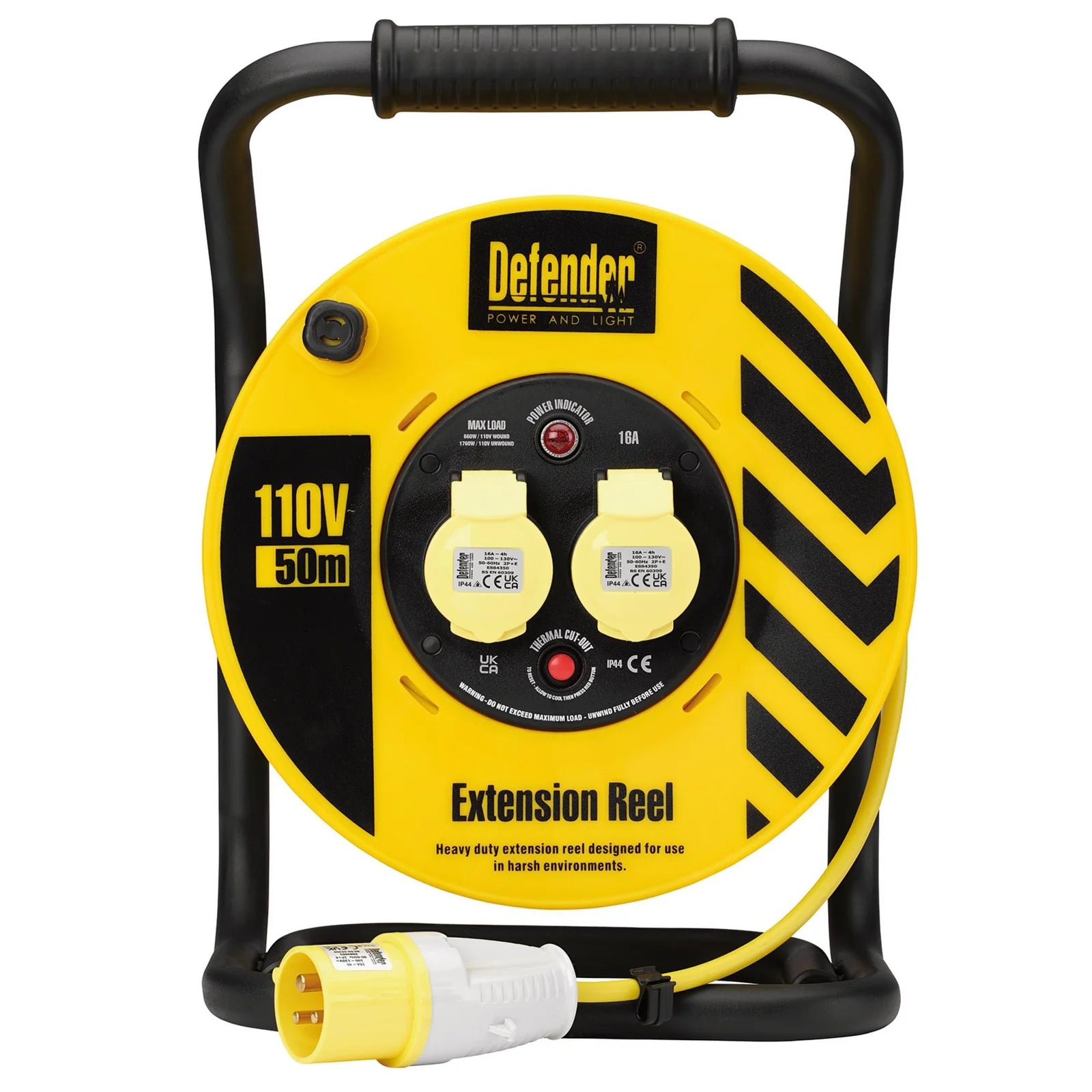 Defender E86500 110V Industrial Cable Reel, 1.5mm², 16A, 50m - E86500