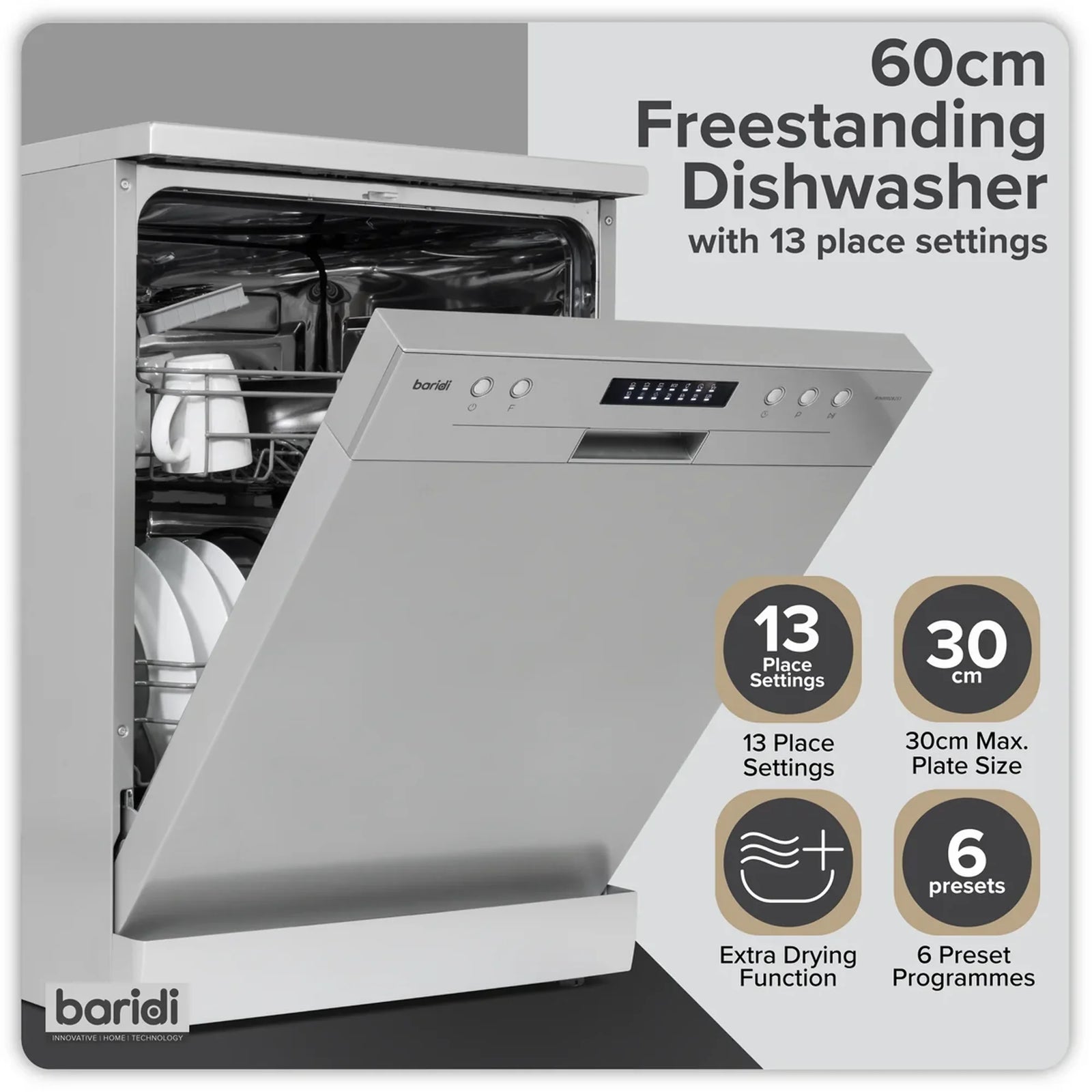 Baridi Freestanding Dishwasher DH280 60cm 13 Place Settings Silver