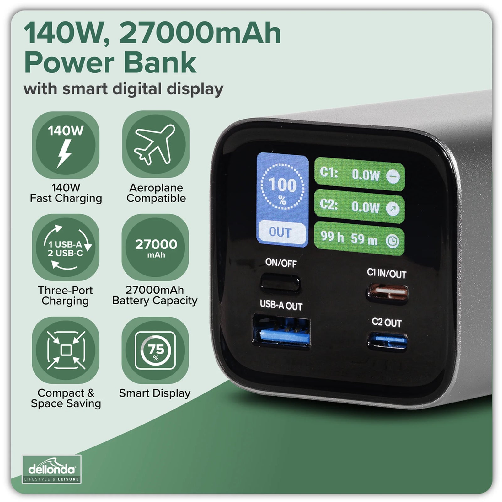 Dellonda Portable Power Bank DL168 27000mAh 140W