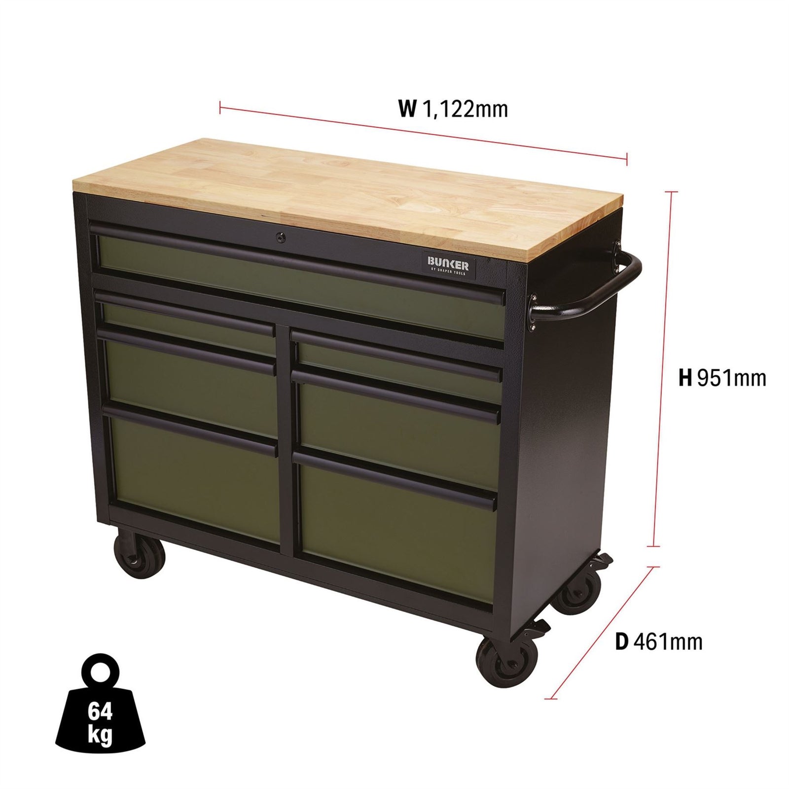 Draper BUNKER Workbench Roller Tool Cabinet, 7 Drawer, 41", Green 08221