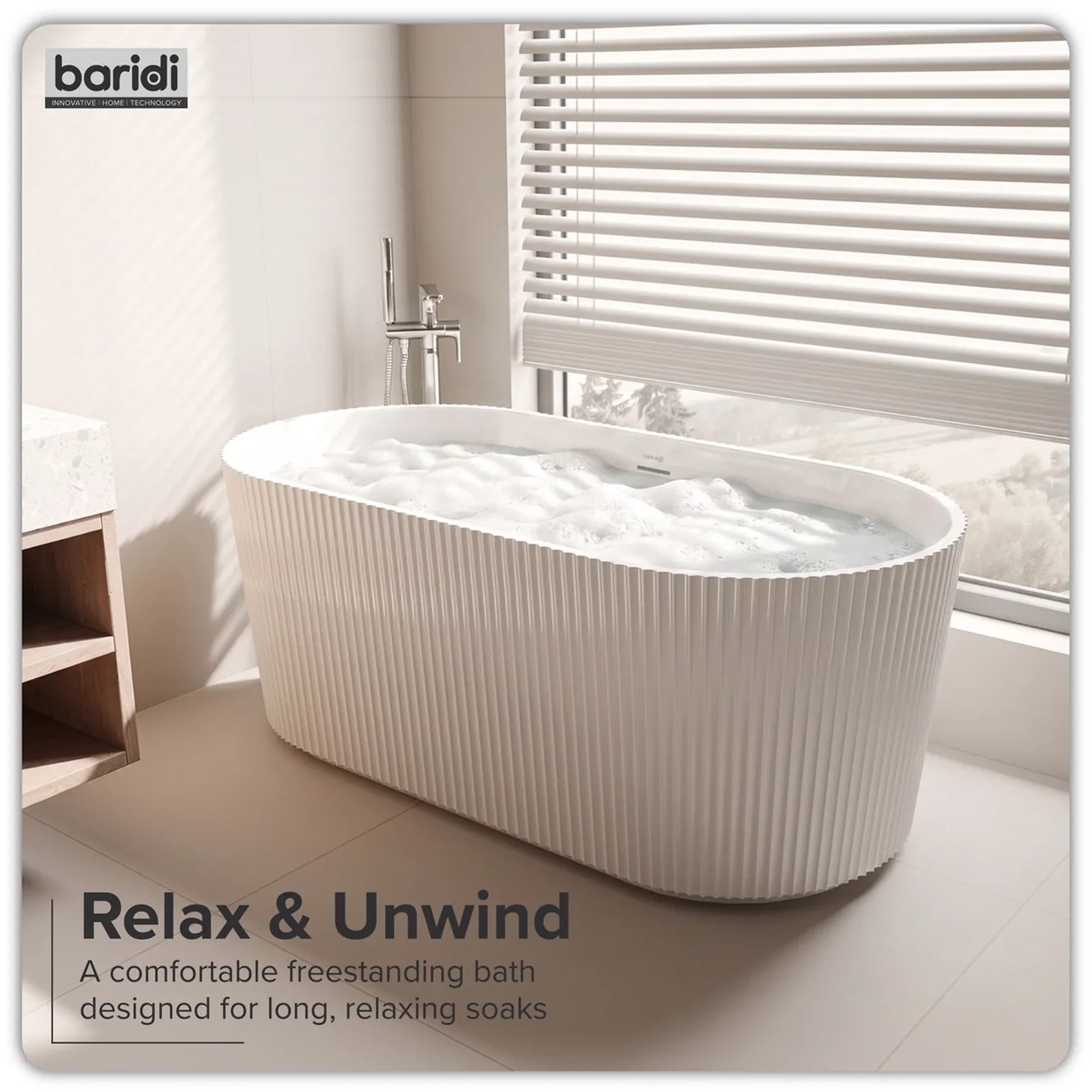 Baridi Double-Ended Fluted Bath 150cm Gloss White