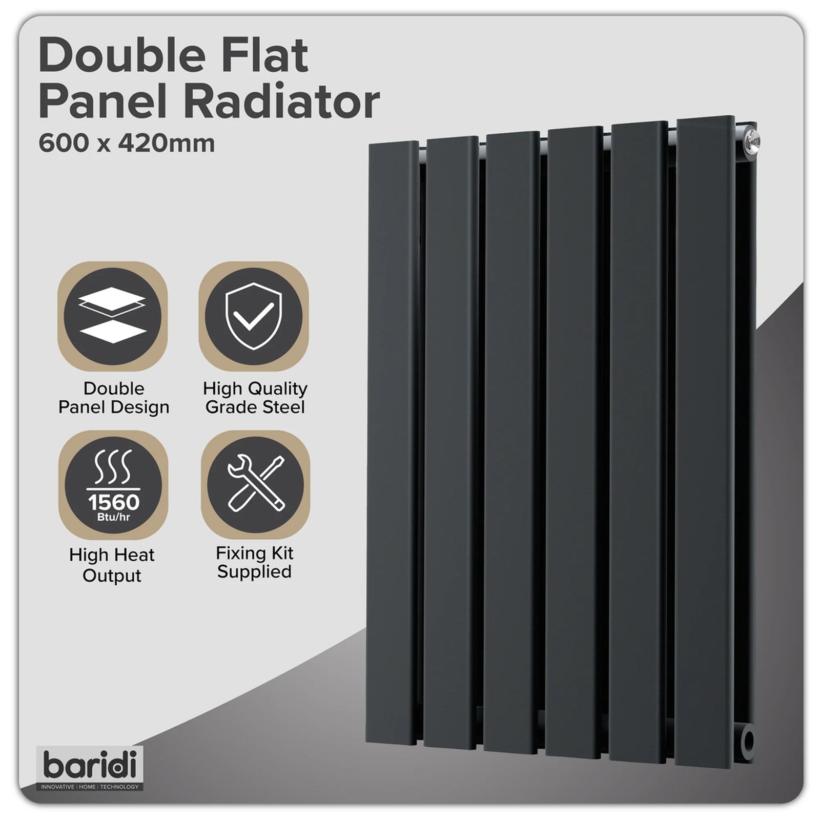 Baridi Horizontal Radiator DH343 600 x 420mm Black