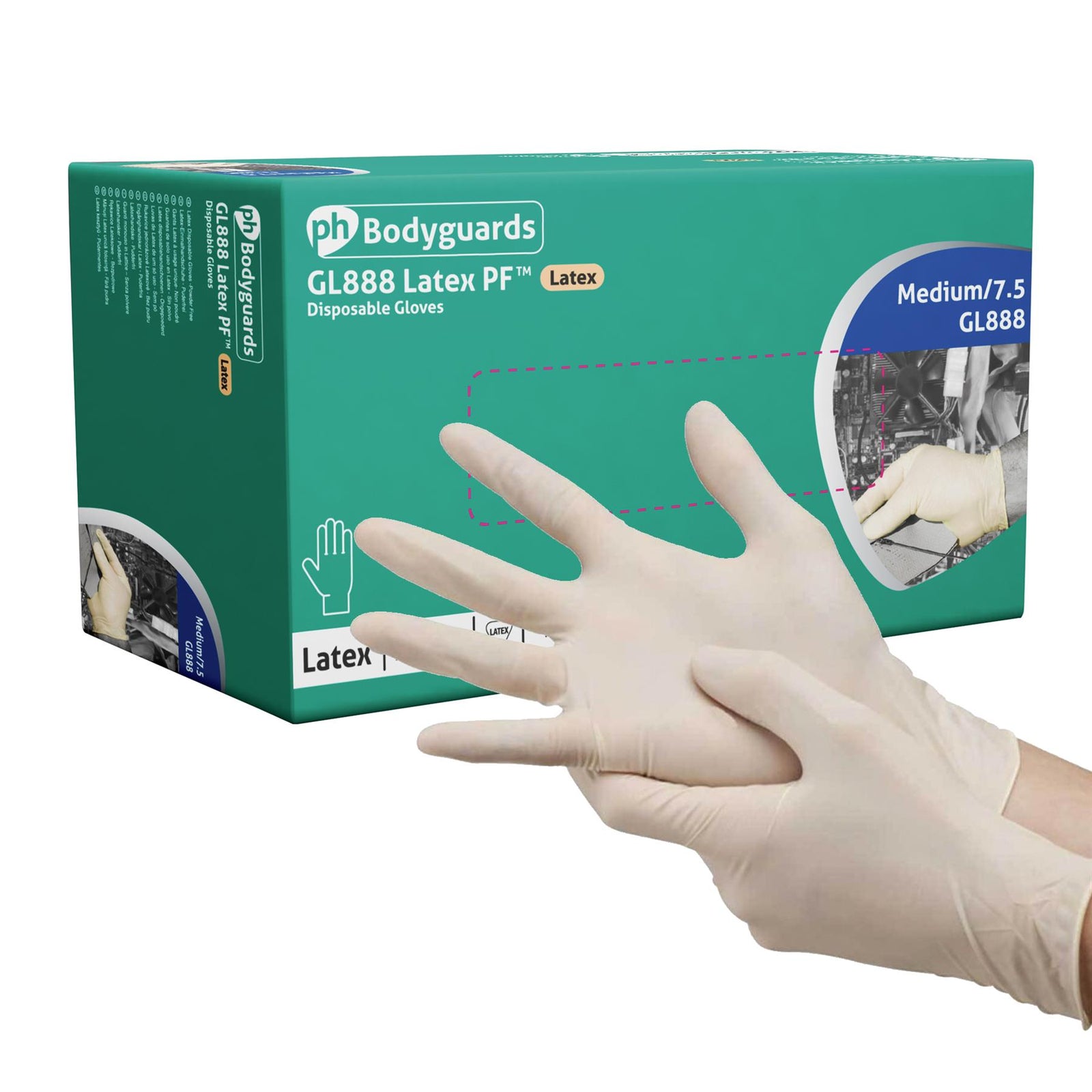 Bodyguards Powder Free White Latex Disposable Gloves Medium Box of 100