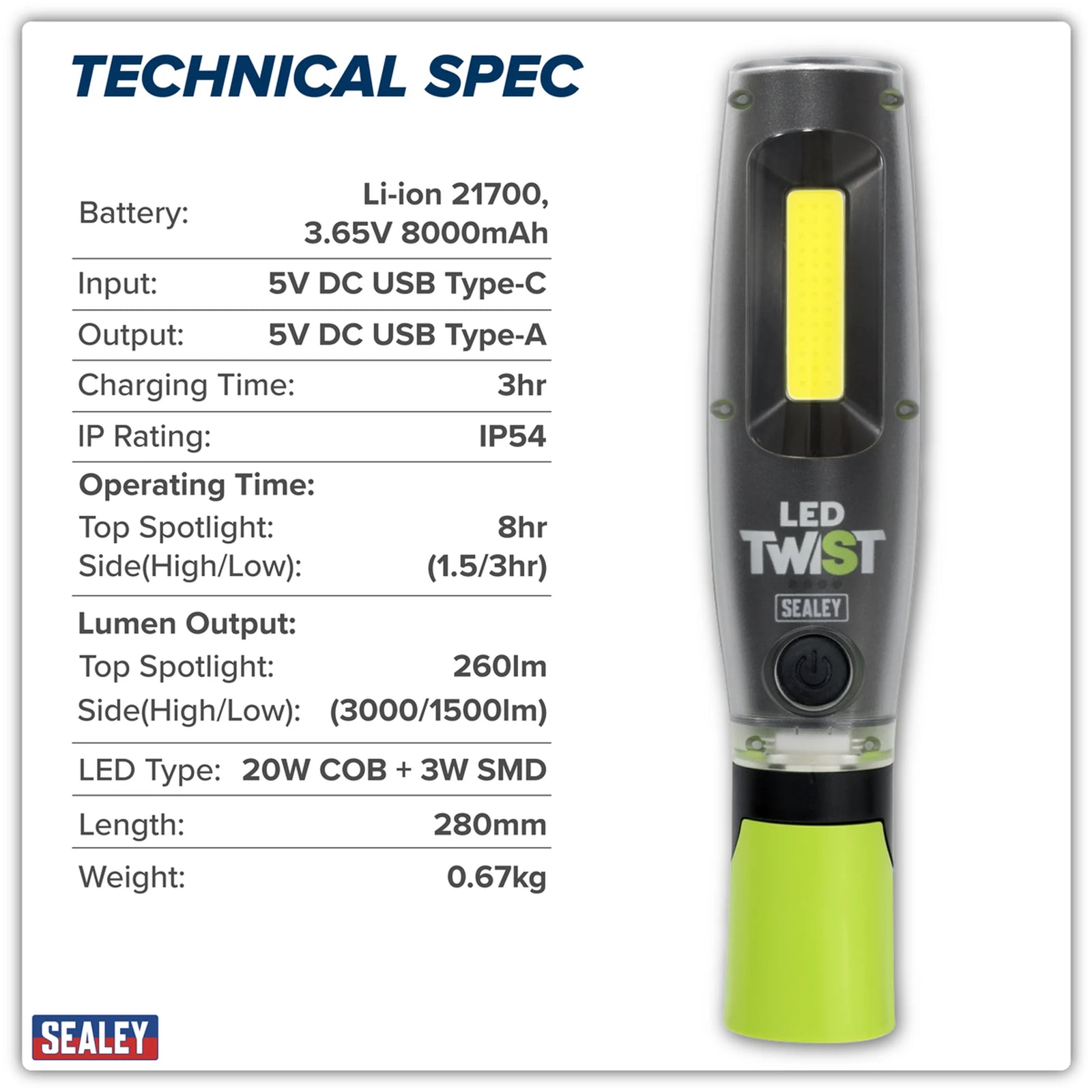 Sealey Rechargeable LED Inspection Light 20W COB 3000lm