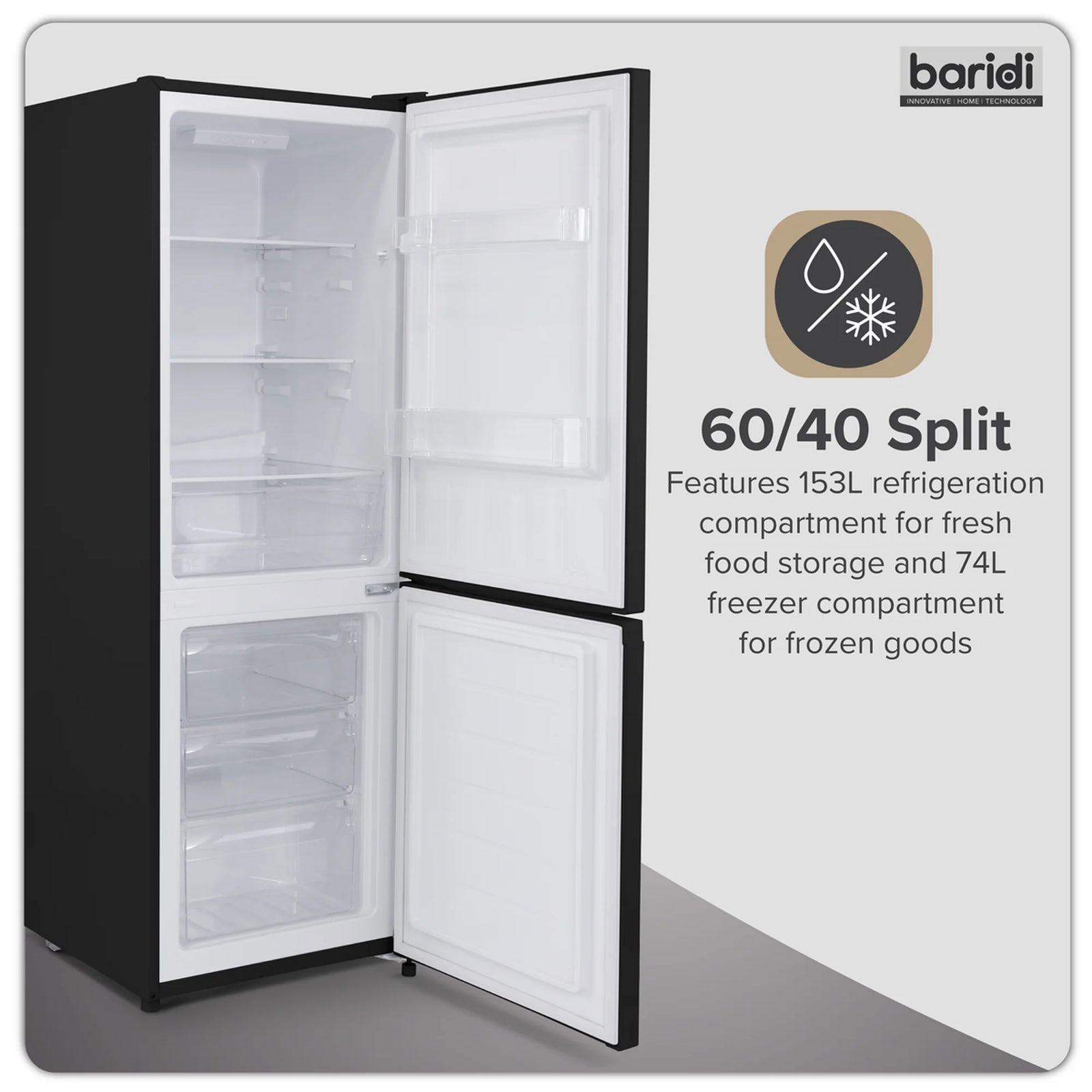 Baridi Fridge Freezer DH327 227L Capacity - Black