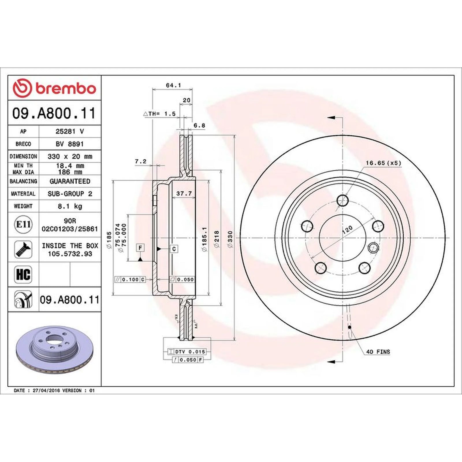 Brembo 2 x Internally Vented Brake Discs