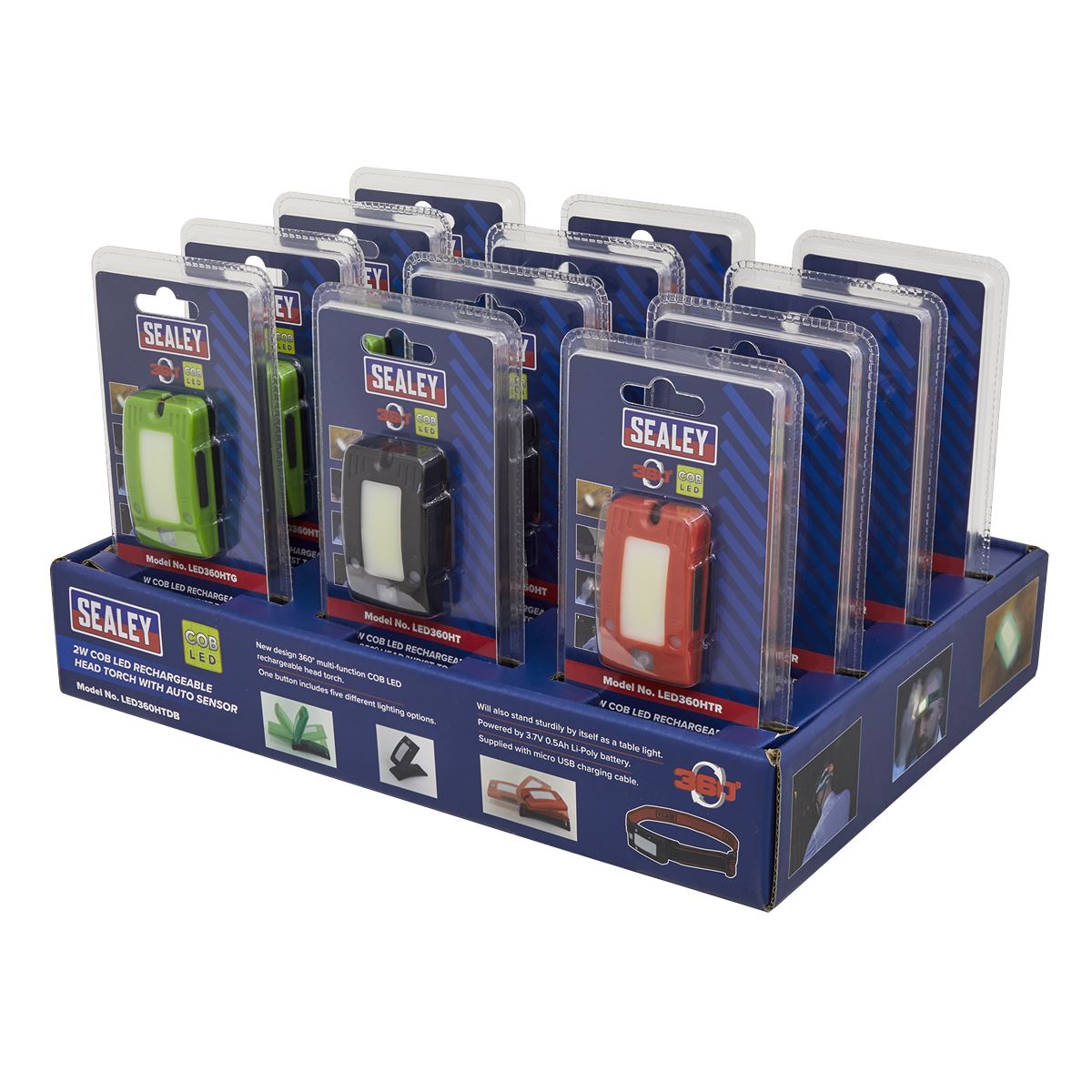 Sealey R/charge Head Torch Auto Sensor 2W COB LED Display Box of 12 LED360HTDB