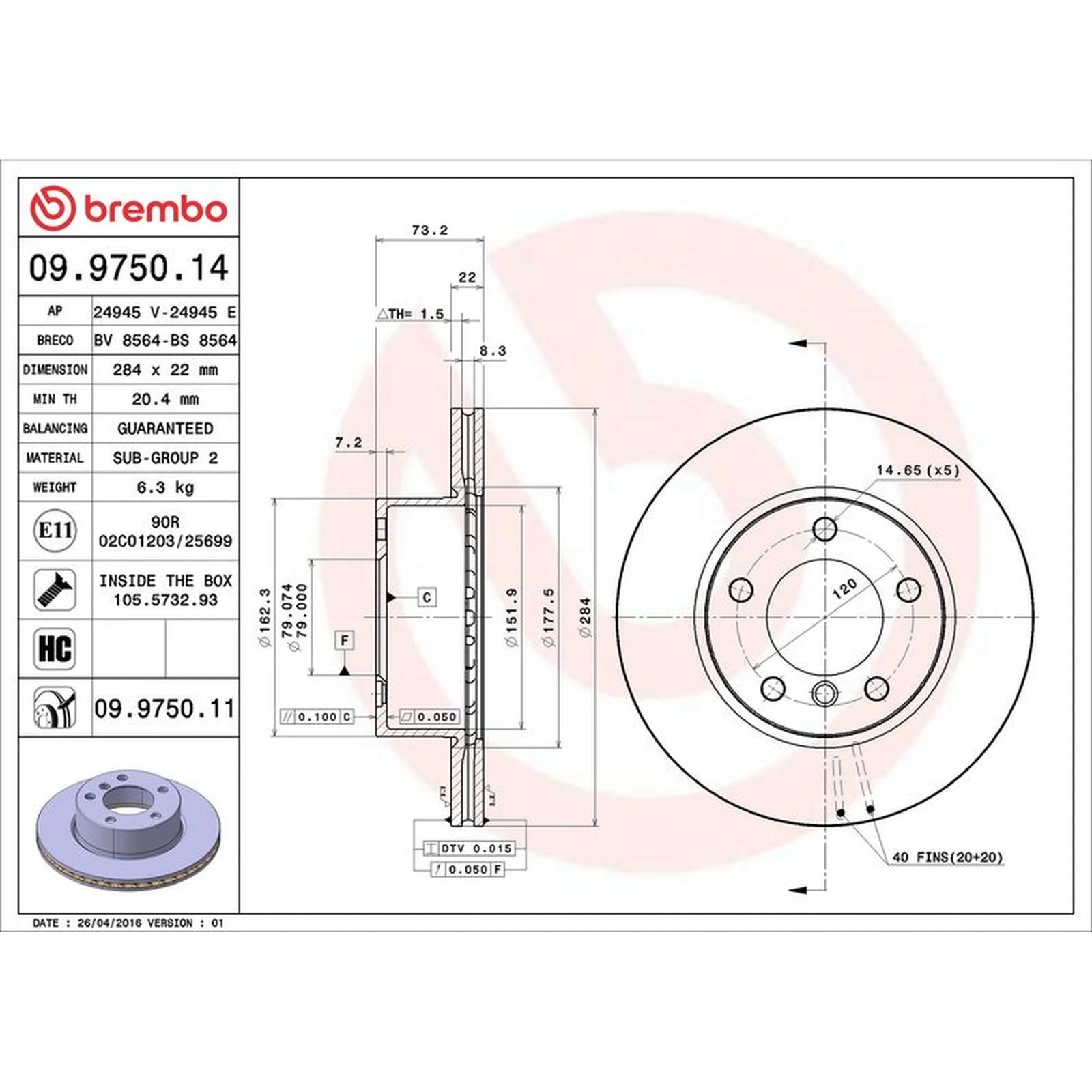 Brembo 2 x Internally Vented Brake Discs fits BMW 1 2004-2011